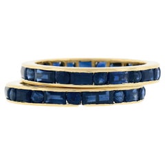 Vintage Pair of 18k Gold 4.4ctw Channel Set GIA Sapphire Eternity Stack Band Guard Rings