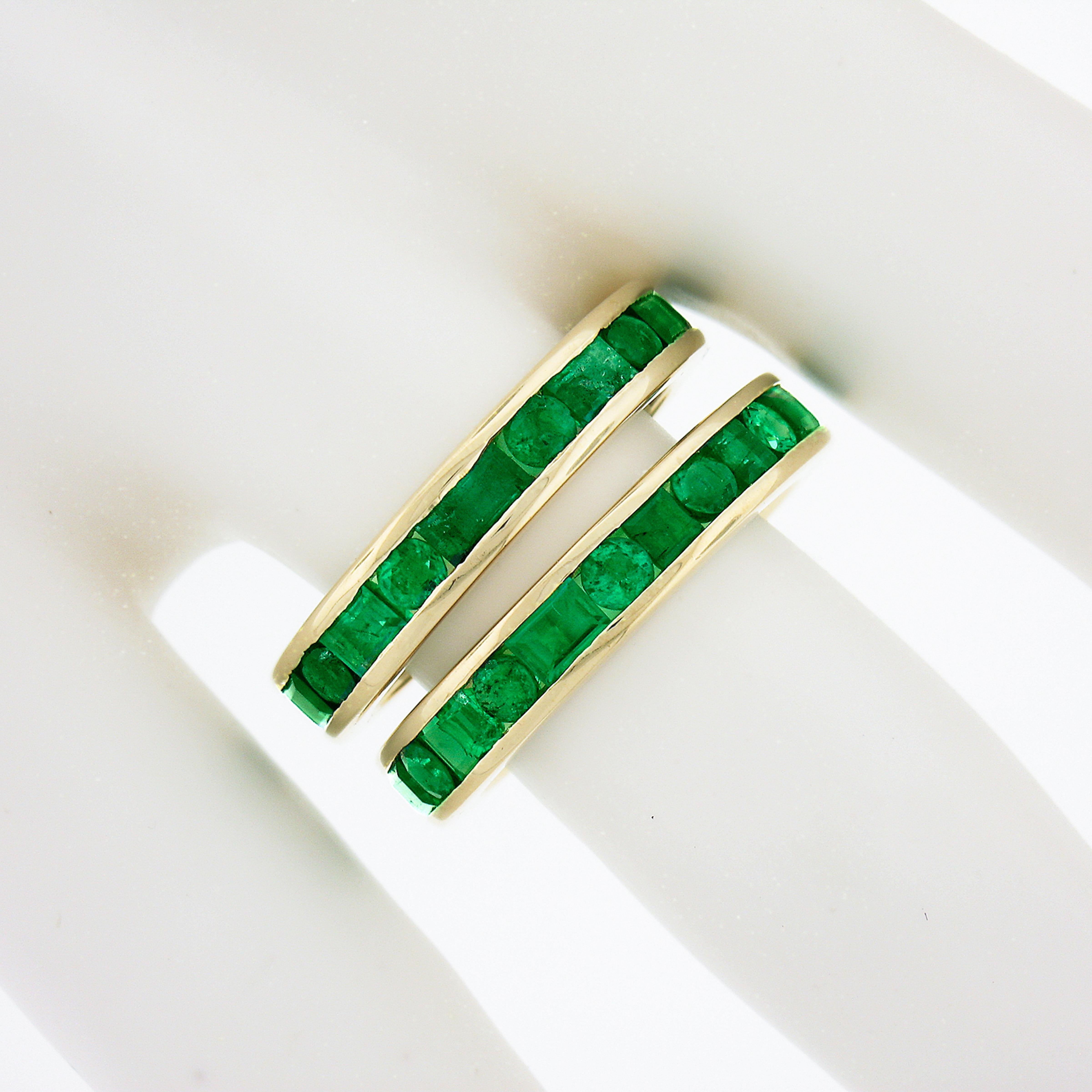 Pair of 18k Gold 4.60ctw Channel Set GIA Emerald Eternity Stack Band Guard Rings In Good Condition For Sale In Montclair, NJ