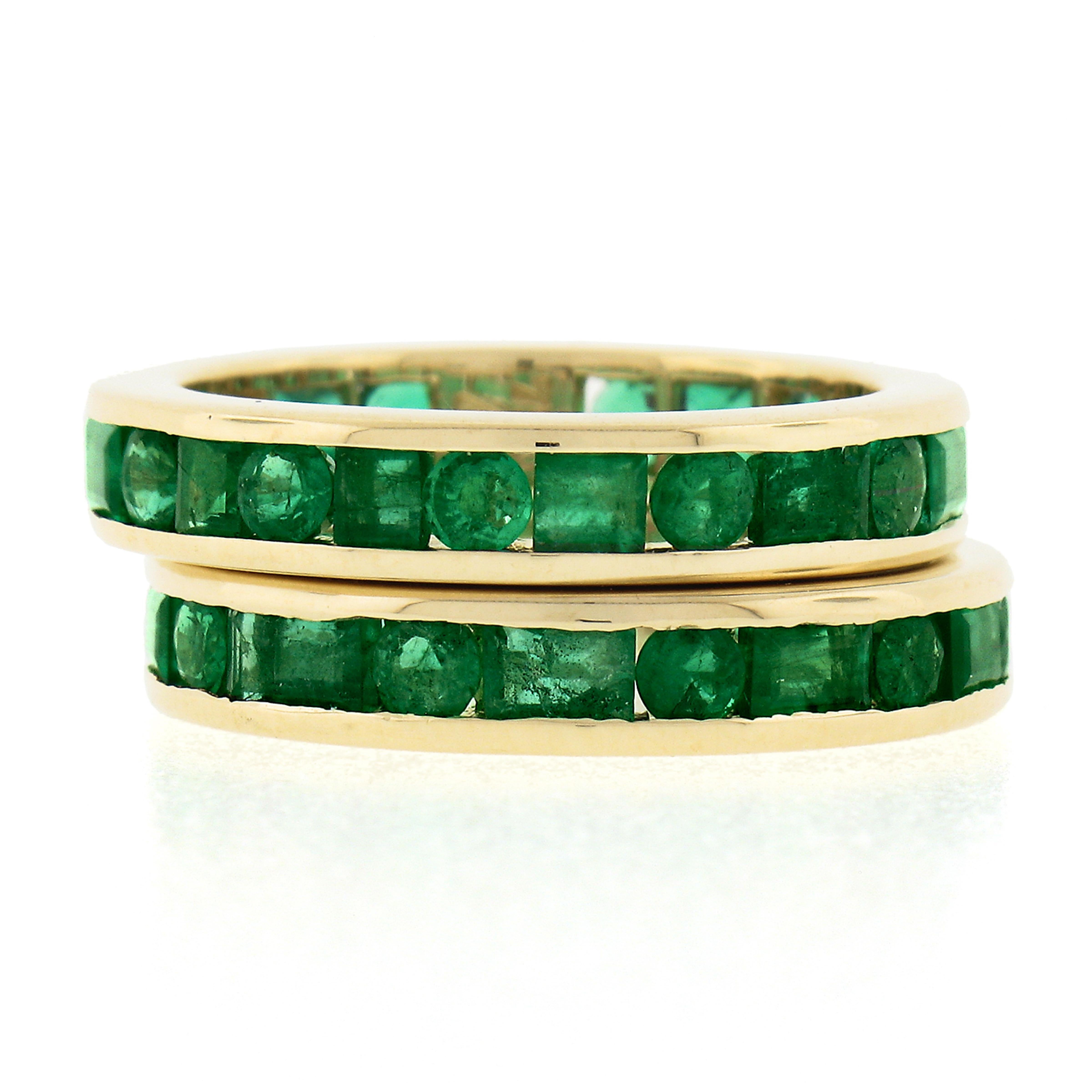 Women's or Men's Pair of 18k Gold 4.60ctw Channel Set GIA Emerald Eternity Stack Band Guard Rings For Sale