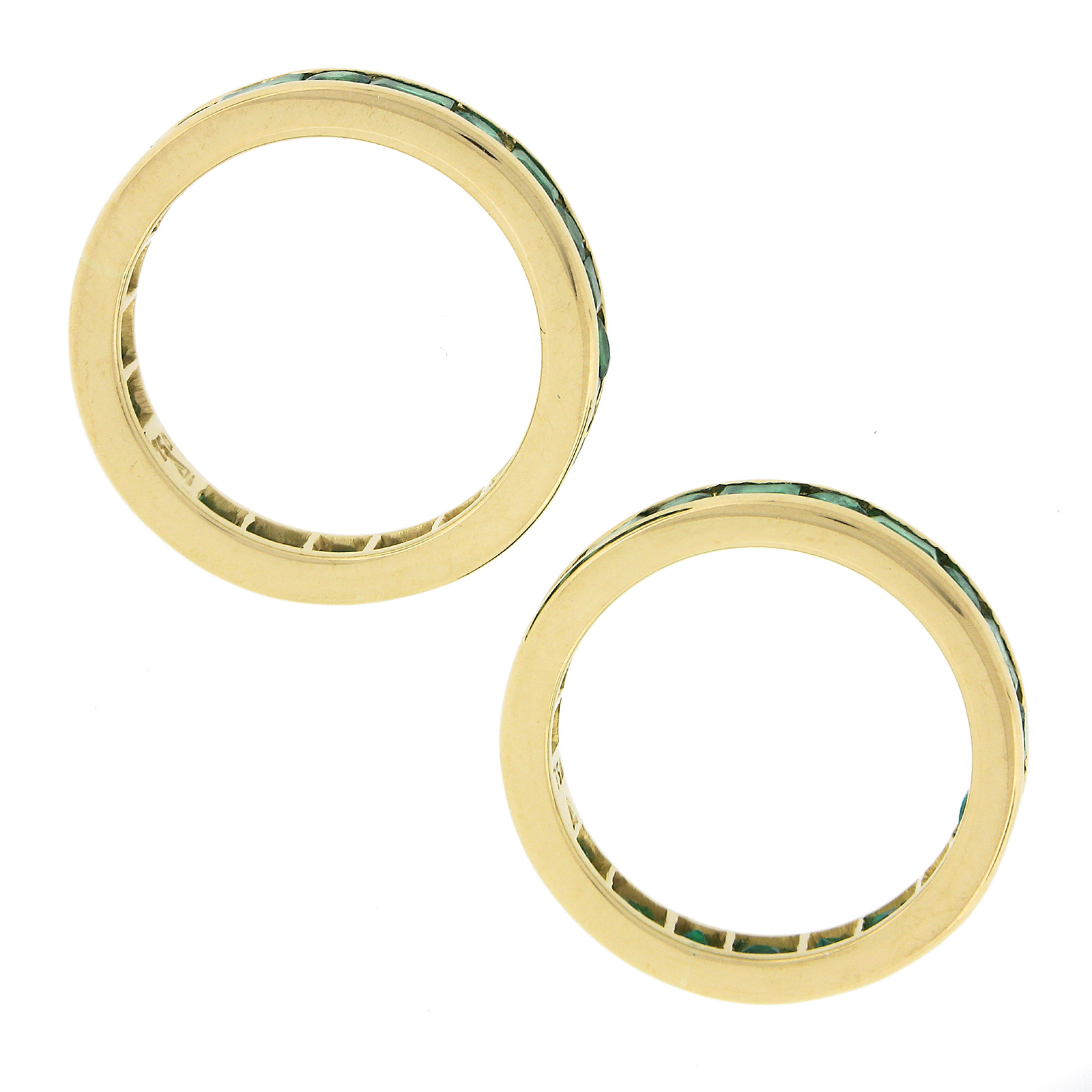 Pair of 18k Gold 4.60ctw Channel Set GIA Emerald Eternity Stack Band Guard Rings For Sale 1