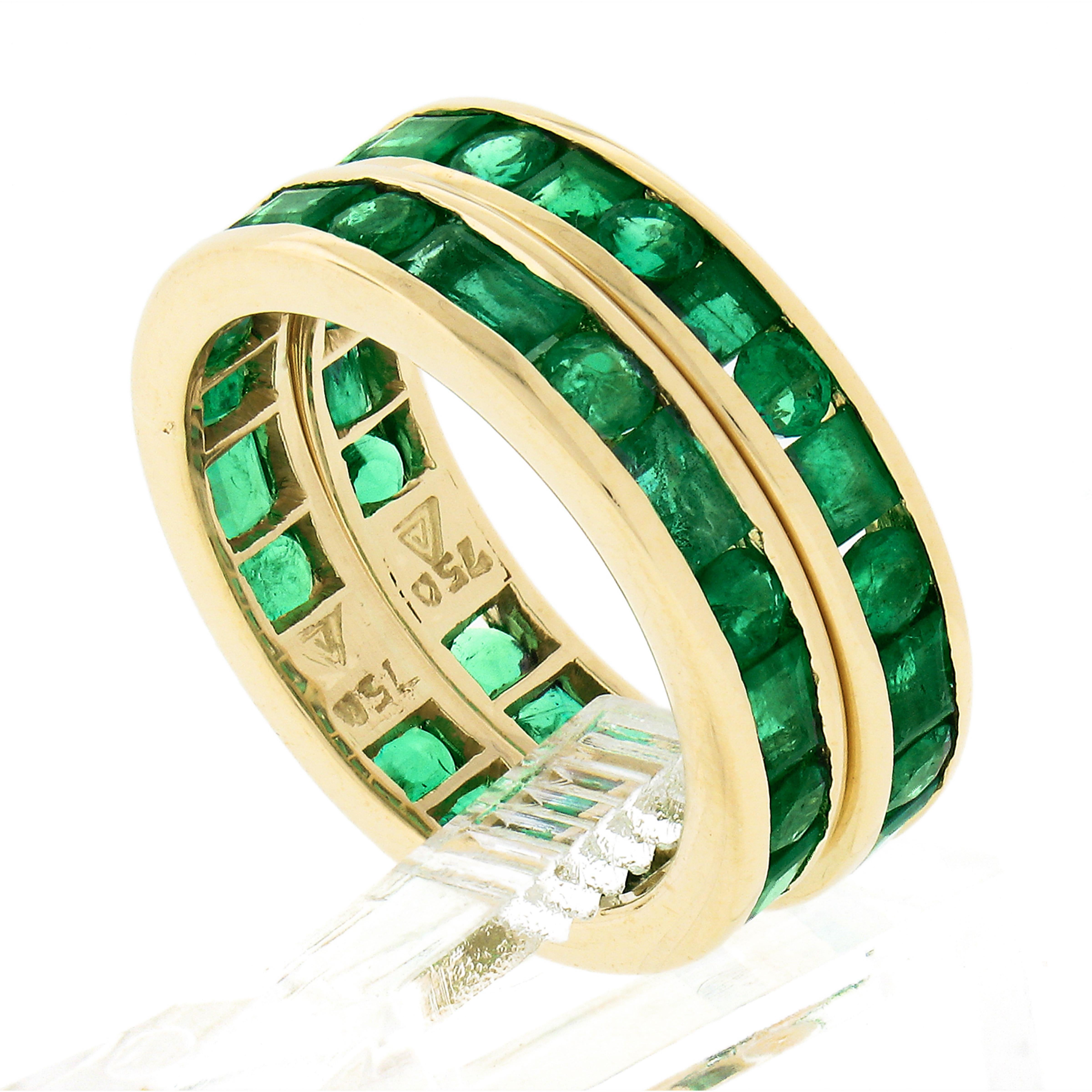 Pair of 18k Gold 4.60ctw Channel Set GIA Emerald Eternity Stack Band Guard Rings For Sale 2