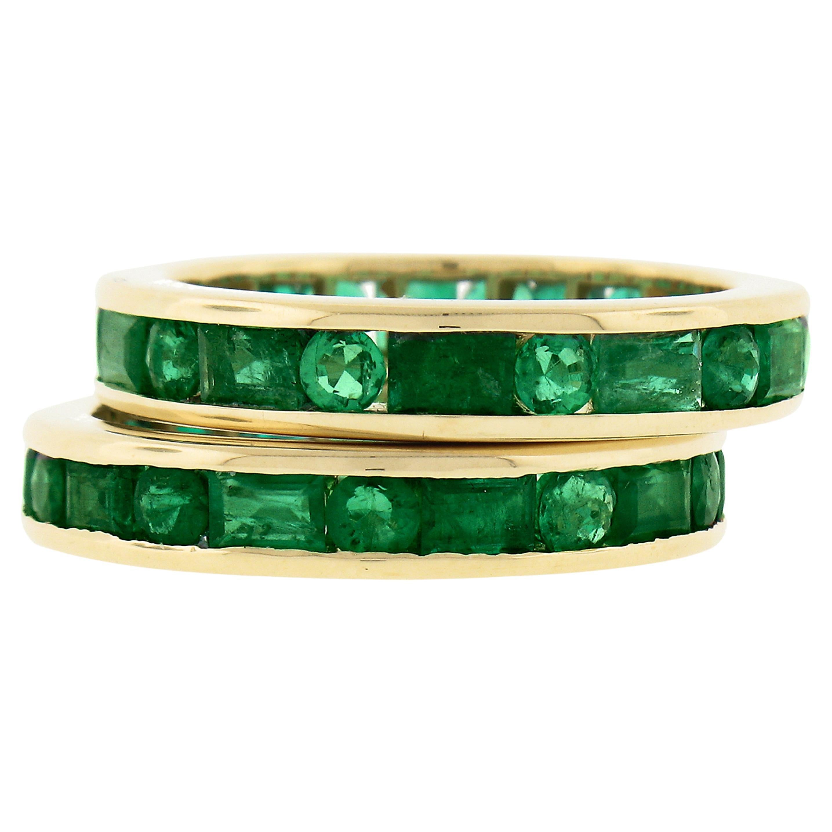 Pair of 18k Gold 4.60ctw Channel Set GIA Emerald Eternity Stack Band Guard Rings For Sale