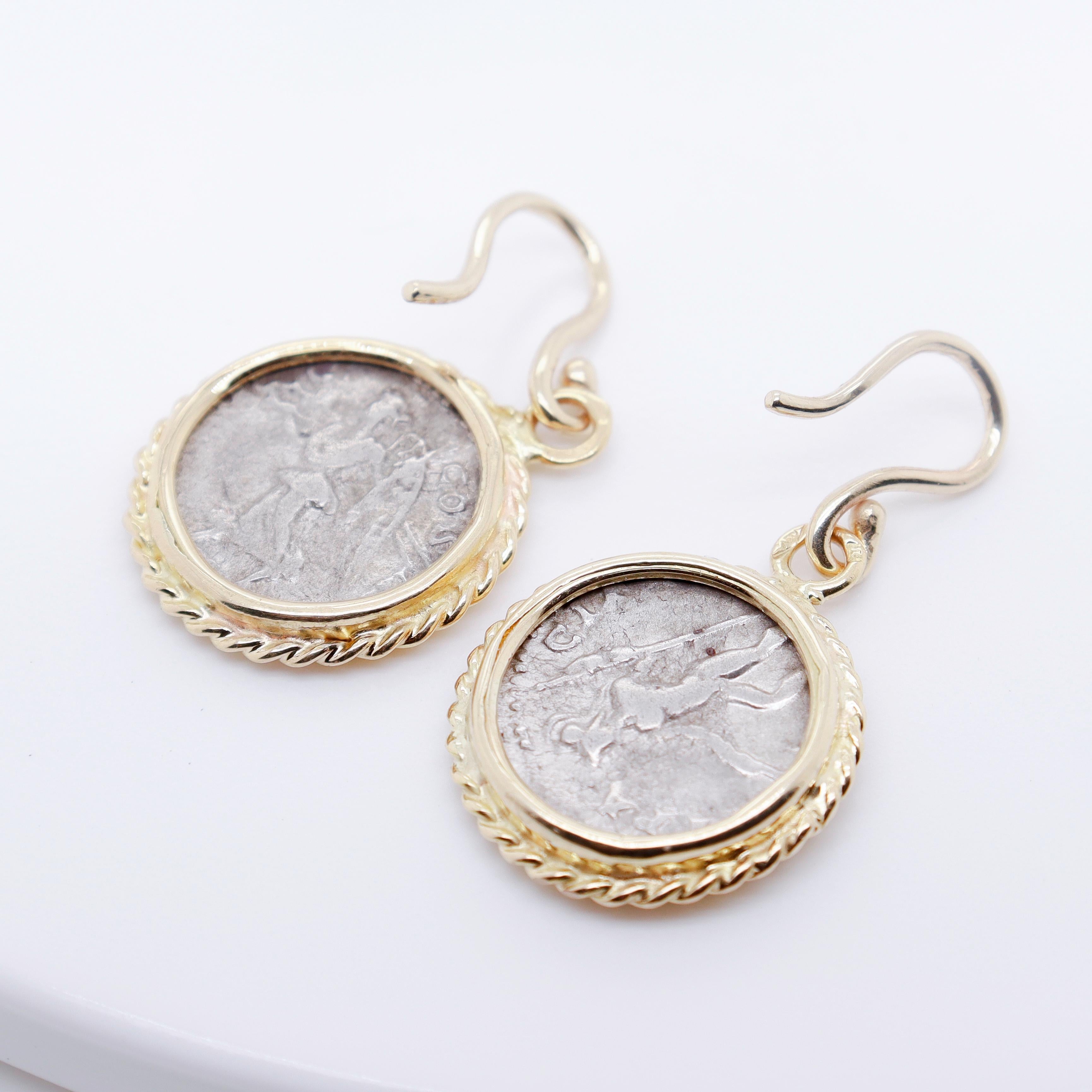 Pair of 18k Gold & Ancient Roman Coin Marcus Aurelius Denarius Earrings For Sale 2