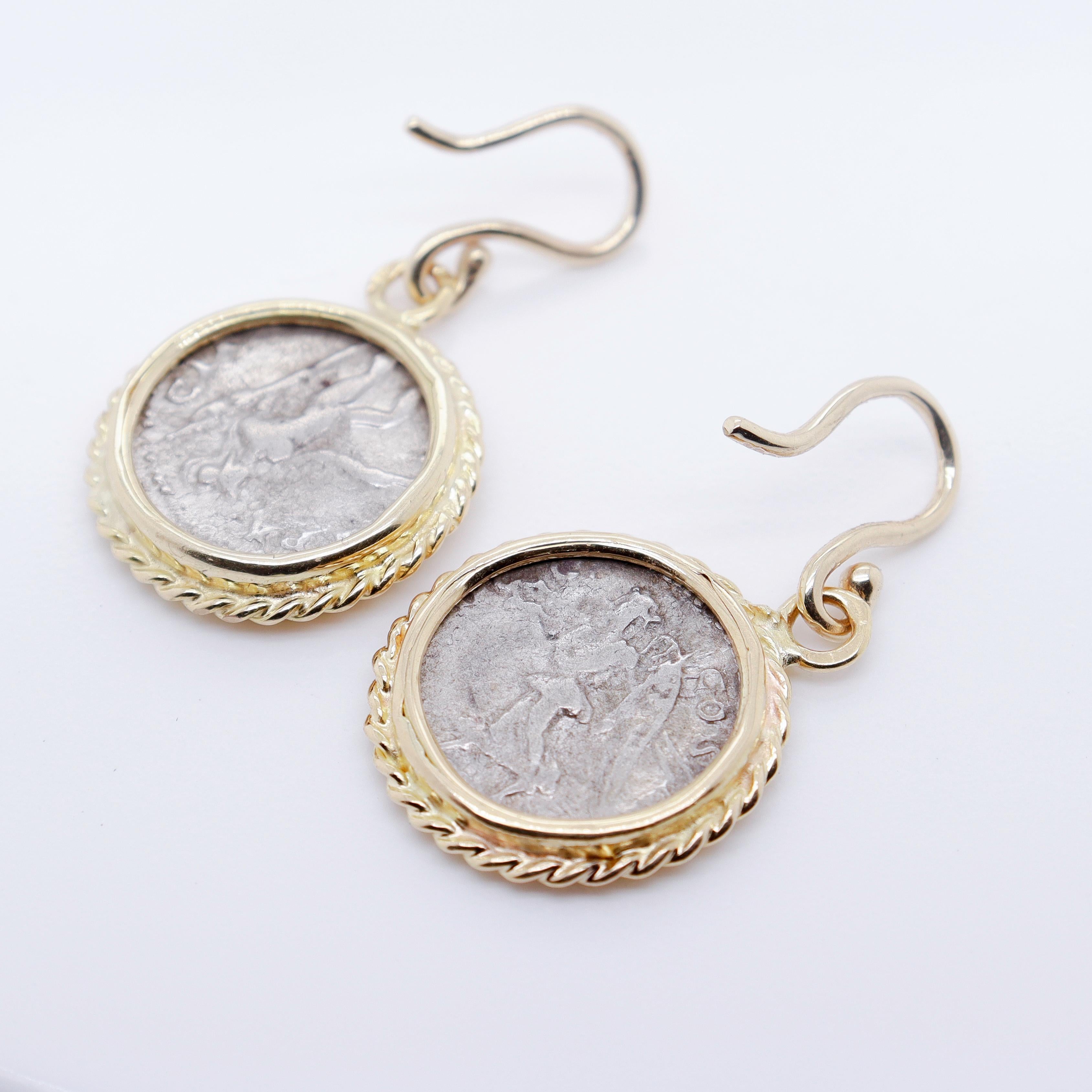 Pair of 18k Gold & Ancient Roman Coin Marcus Aurelius Denarius Earrings For Sale 3