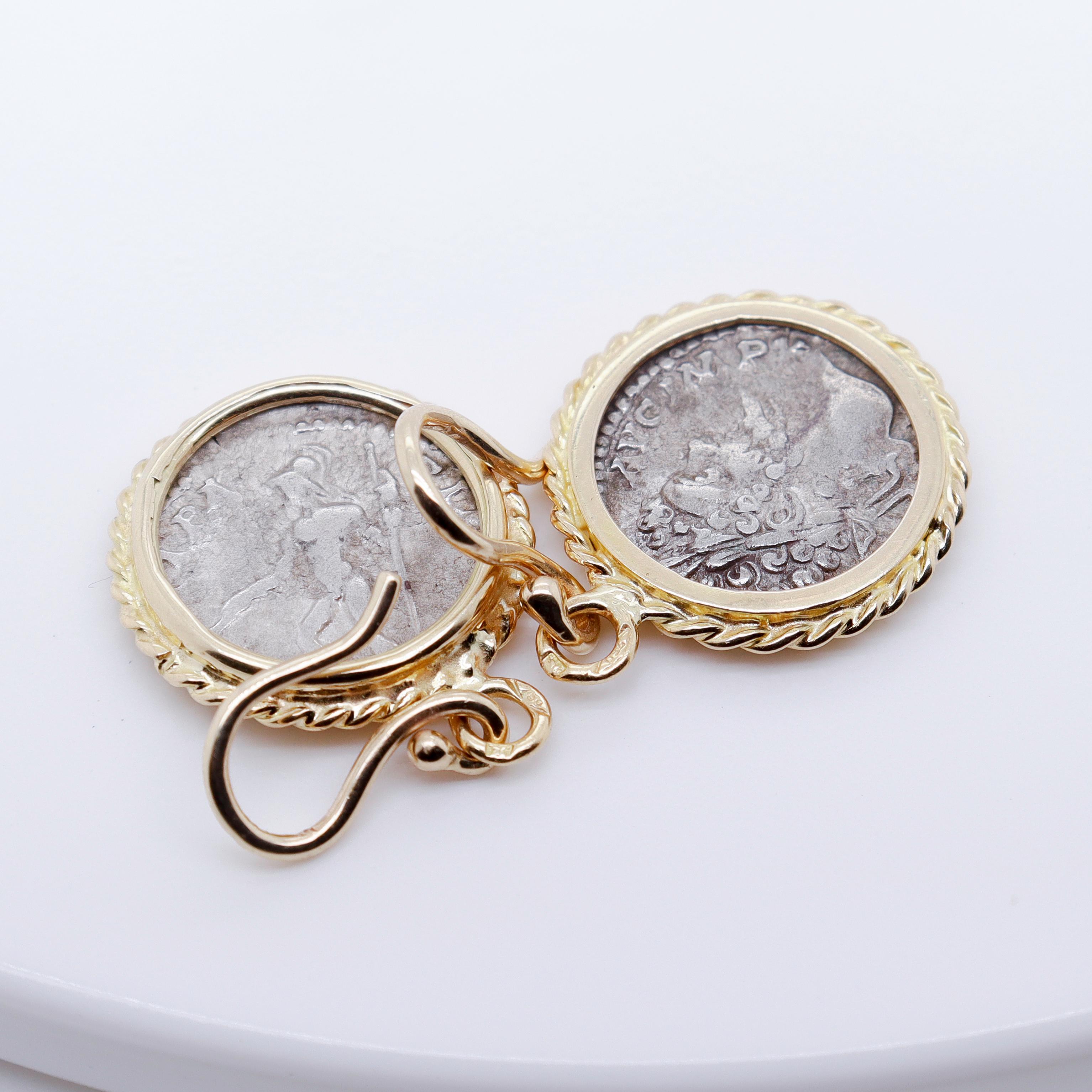 Pair of 18k Gold & Ancient Roman Coin Marcus Aurelius Denarius Earrings For Sale 5