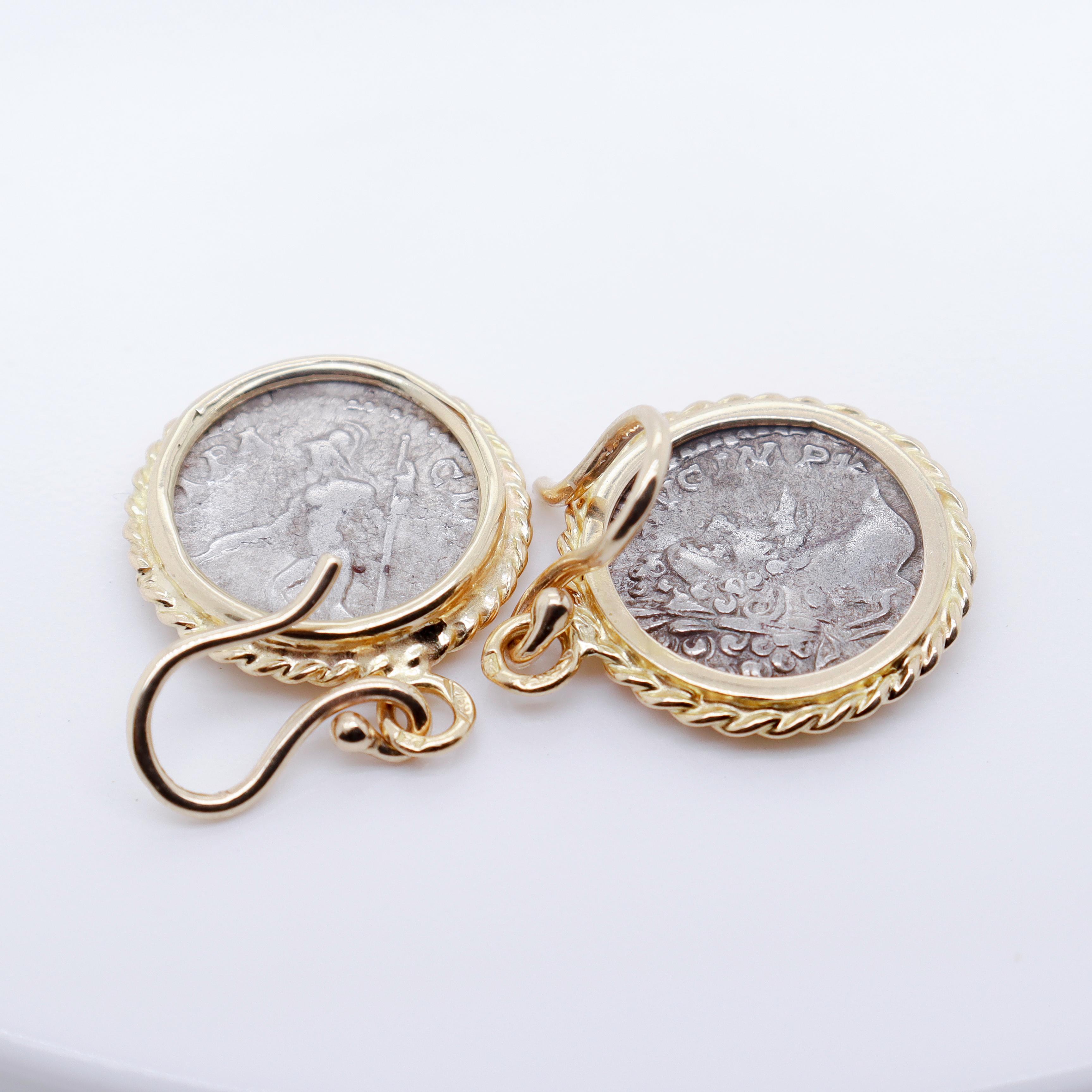 Pair of 18k Gold & Ancient Roman Coin Marcus Aurelius Denarius Earrings For Sale 6