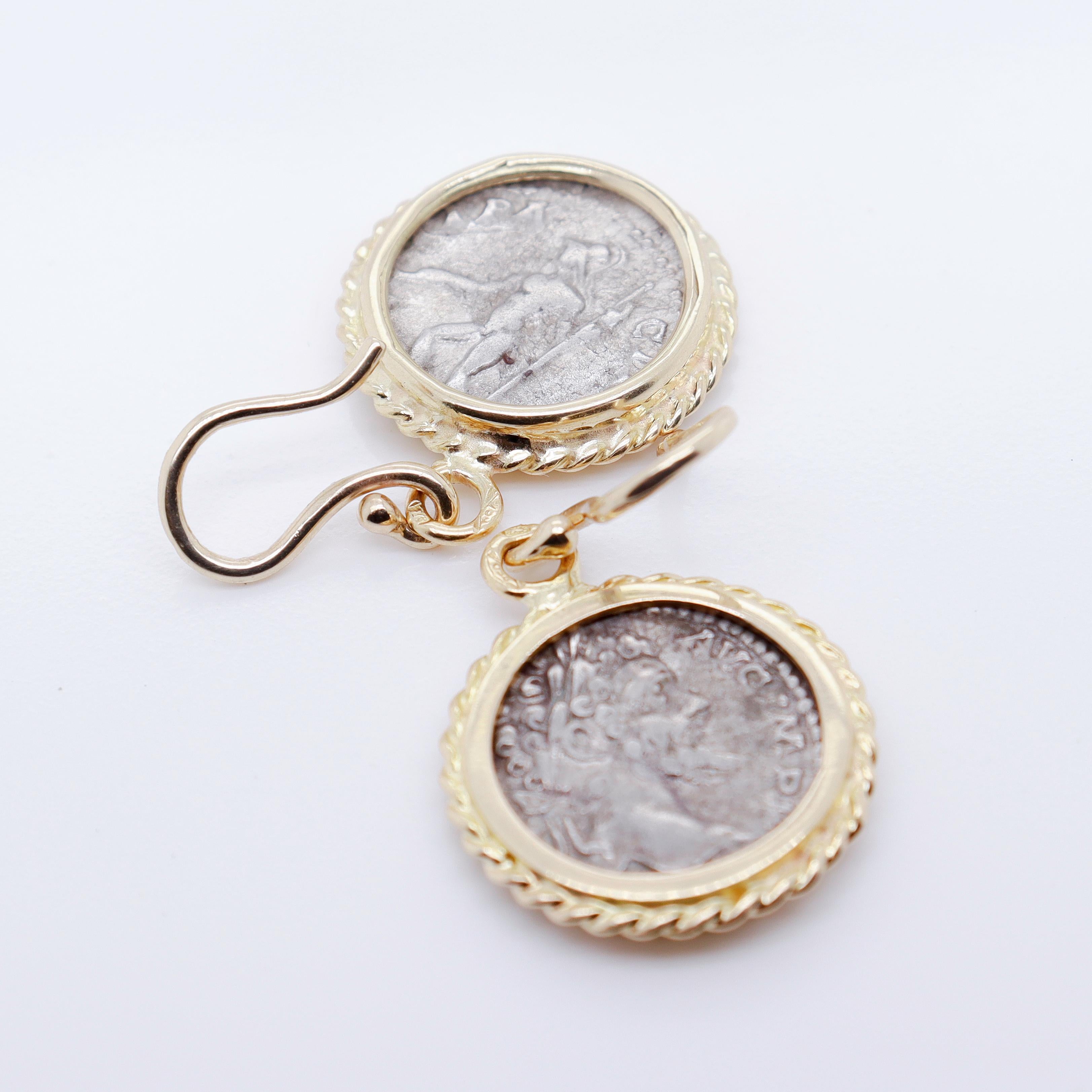 Pair of 18k Gold & Ancient Roman Coin Marcus Aurelius Denarius Earrings For Sale 7