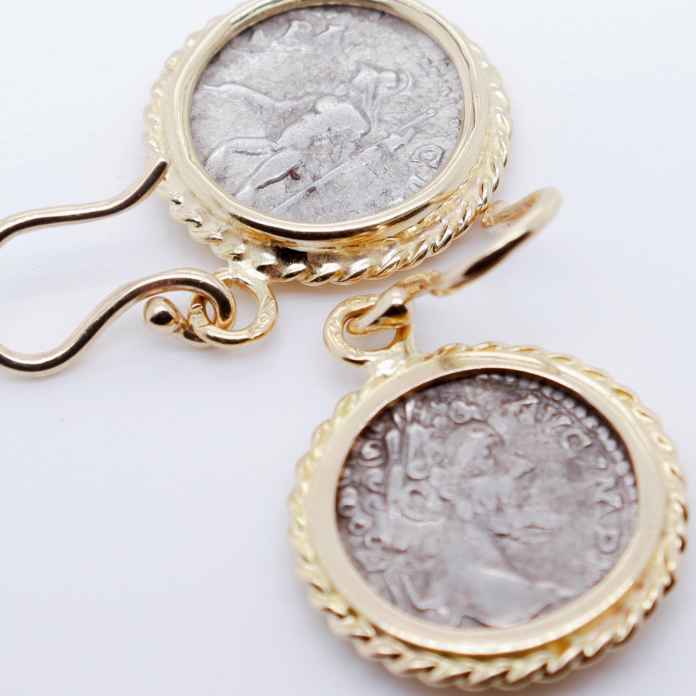 Pair of 18k Gold & Ancient Roman Coin Marcus Aurelius Denarius Earrings For Sale 8