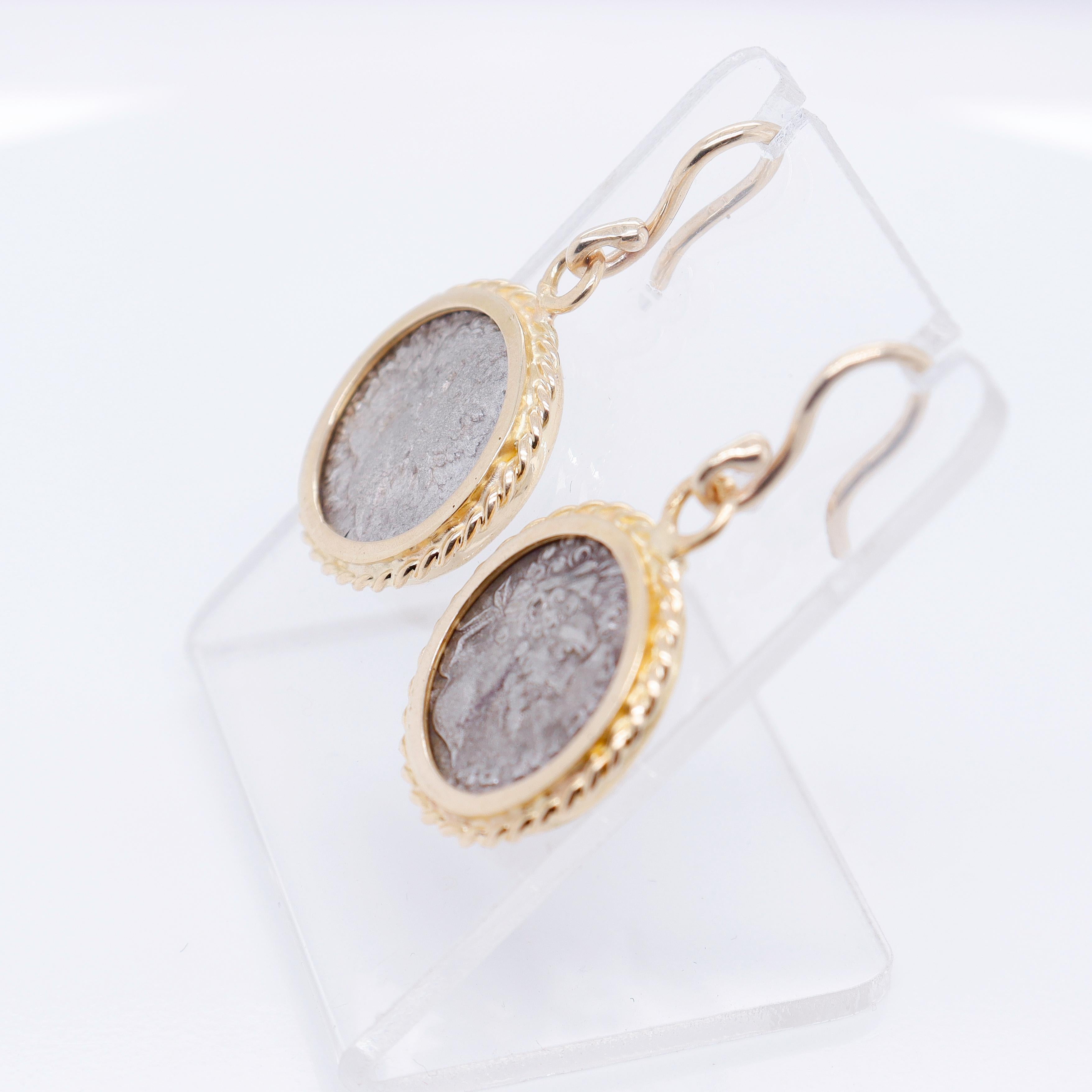 Women's Pair of 18k Gold & Ancient Roman Coin Marcus Aurelius Denarius Earrings For Sale