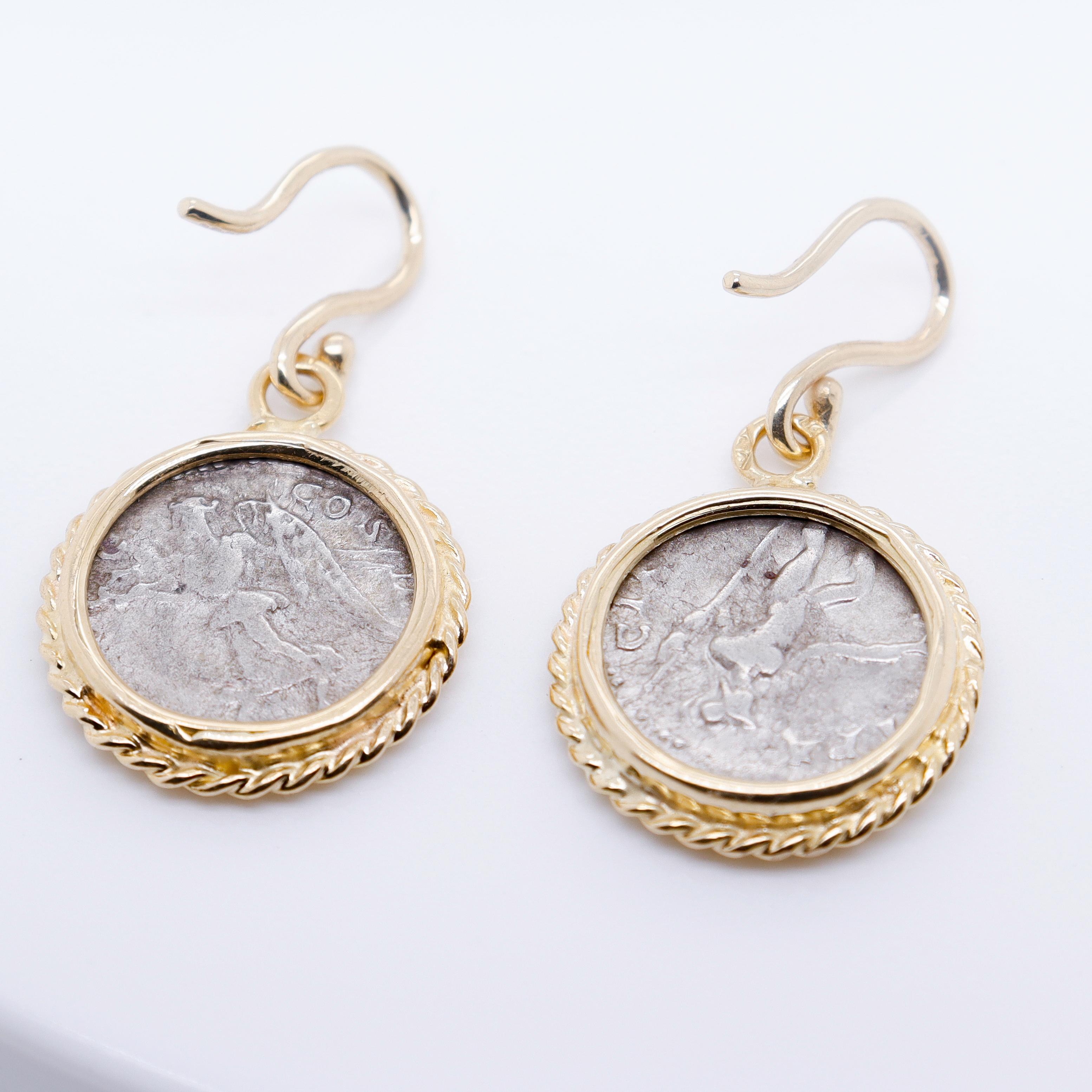 Pair of 18k Gold & Ancient Roman Coin Marcus Aurelius Denarius Earrings For Sale 1
