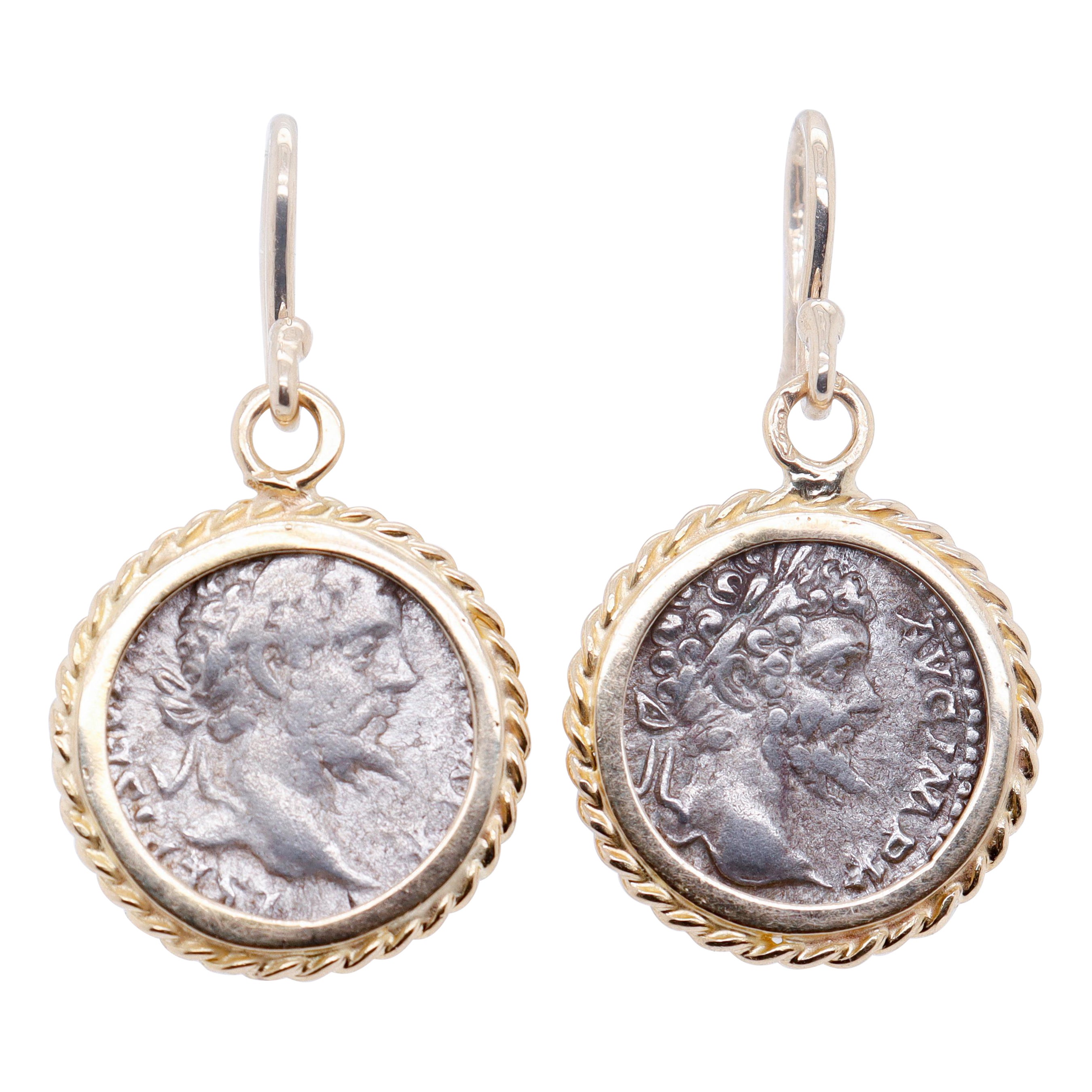 Coppia di orecchini in oro 18k e moneta romana antica Marco Aurelio Denario