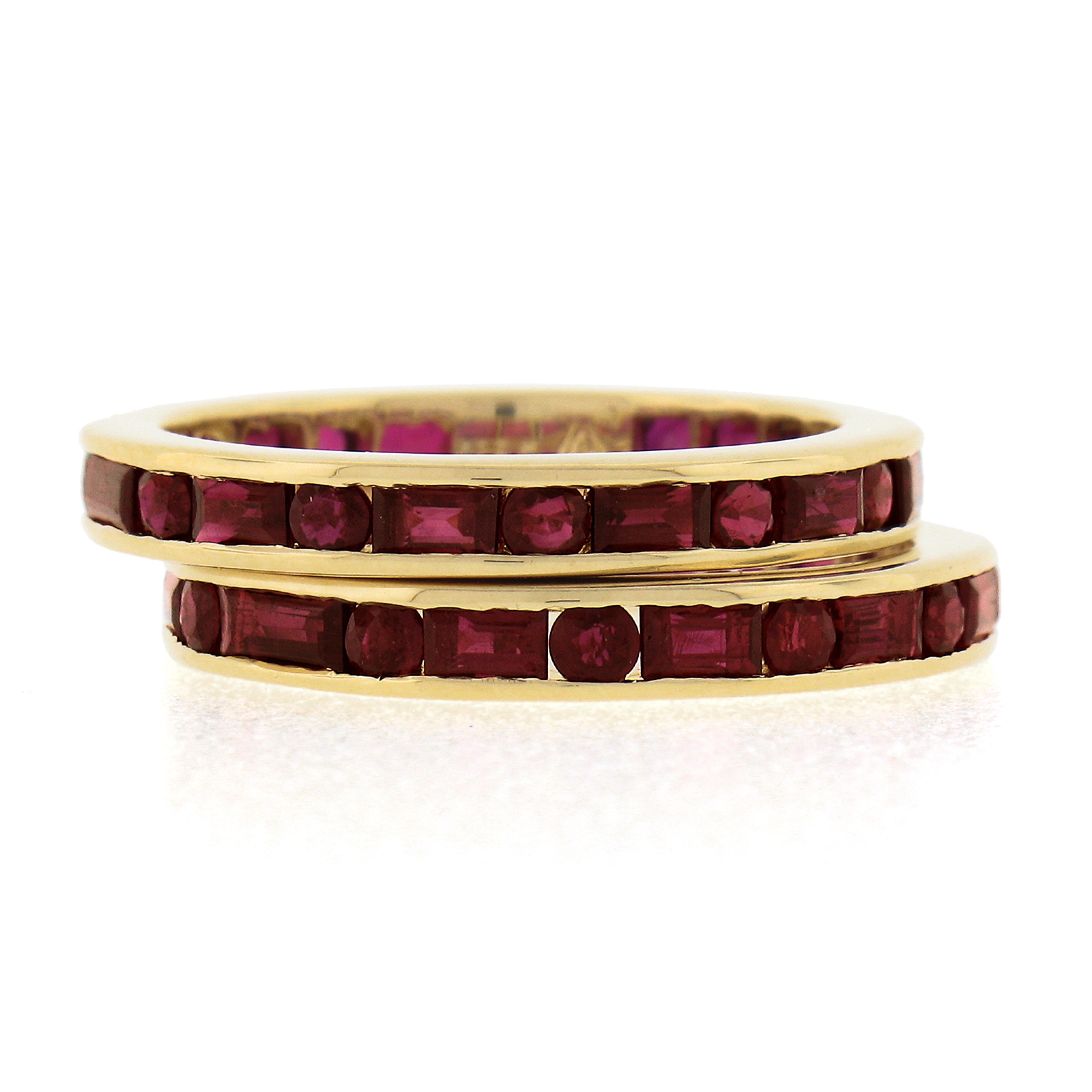 Round Cut Pair of 18k Gold Channel GIA Vivid Red Burma Ruby Eternity Stack Band Guard Ring For Sale