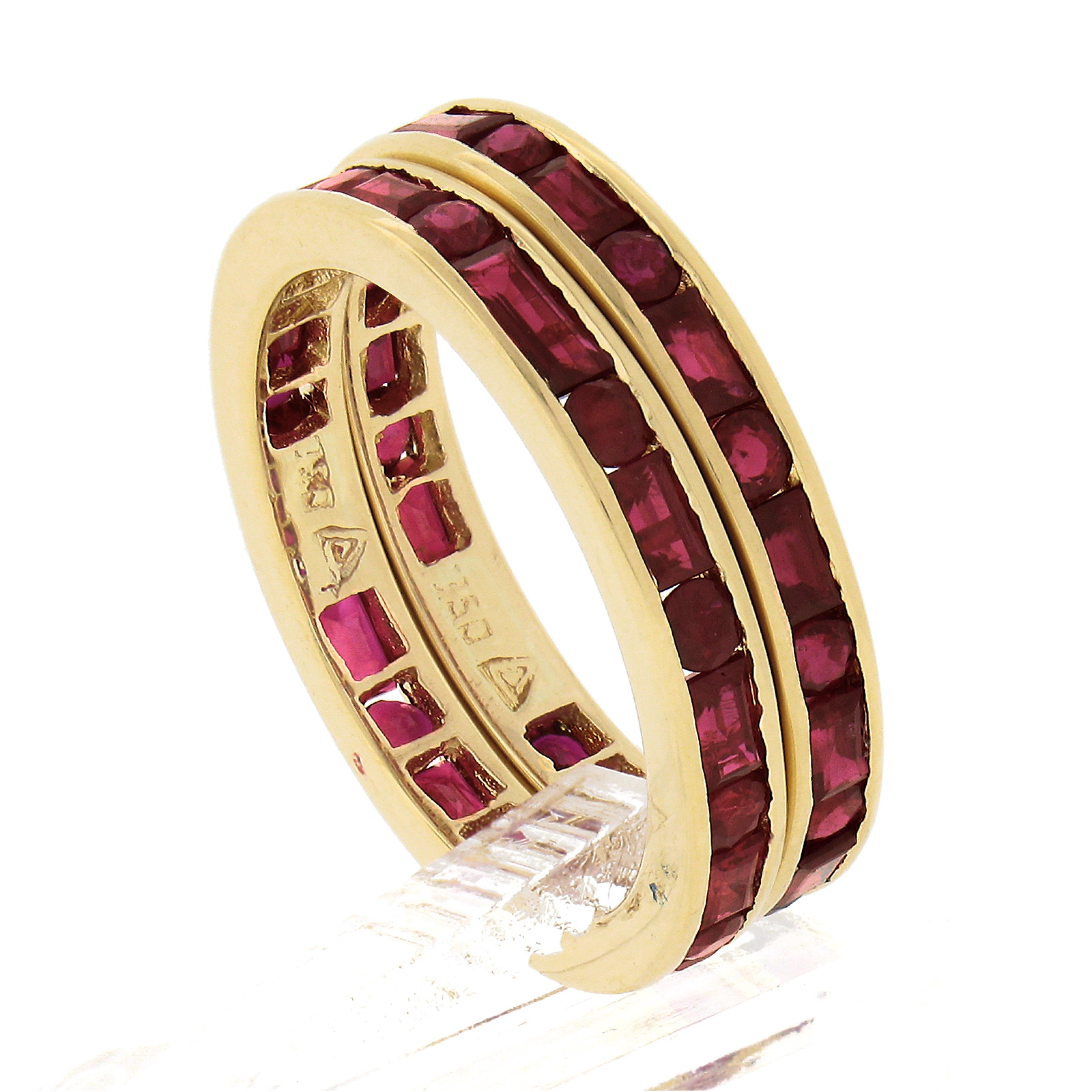 Women's or Men's Pair of 18k Gold Channel GIA Vivid Red Burma Ruby Eternity Stack Band Guard Ring For Sale