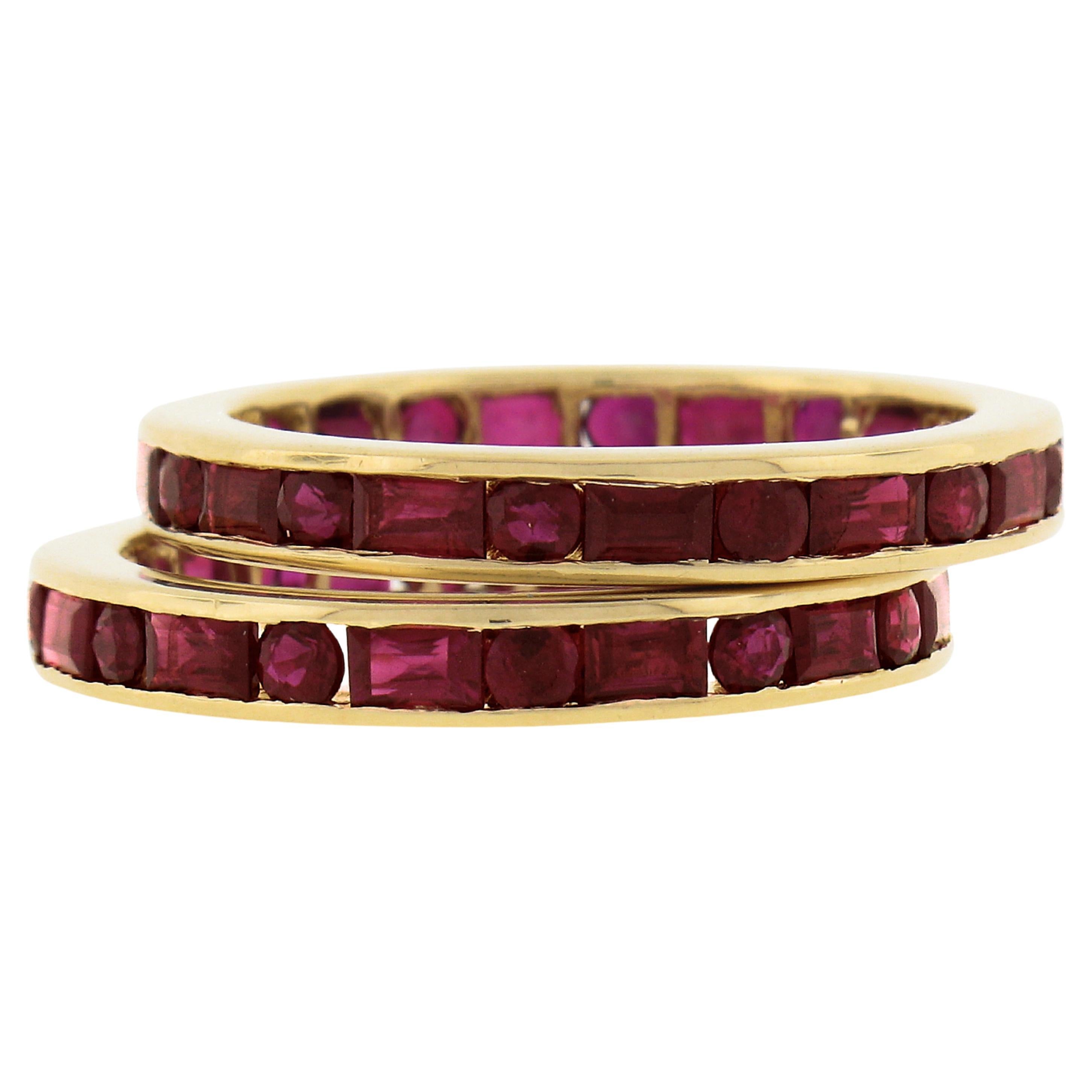 Pair of 18k Gold Channel GIA Vivid Red Burma Ruby Eternity Stack Band Guard Ring For Sale