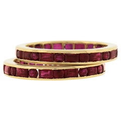 Vintage Pair of 18k Gold Channel GIA Vivid Red Burma Ruby Eternity Stack Band Guard Ring