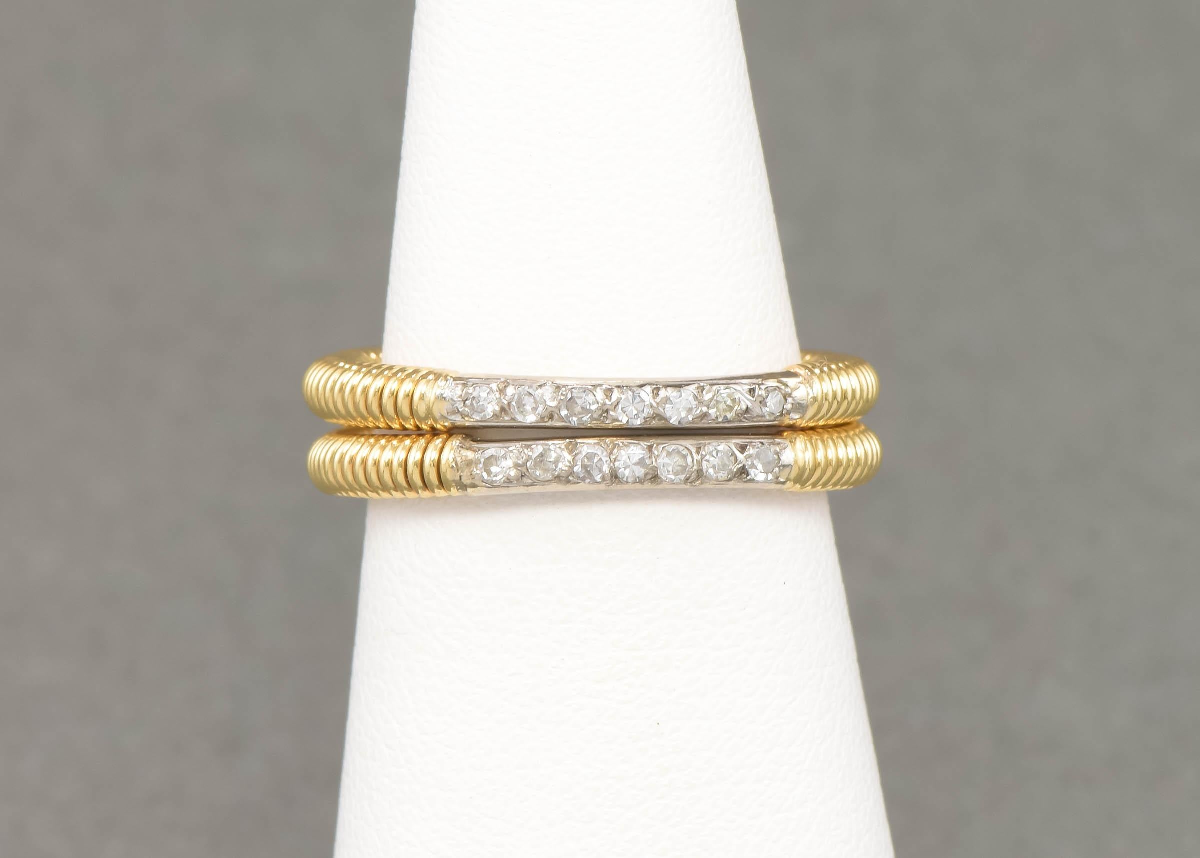 While not flexible like a true tobogas style, this fun pair of matching 18K gold diamond bands certainly resemble the tubogas jewelry popularized in the 1930s and 1940s.  Great worn together or on their own, I think they look particularly good when