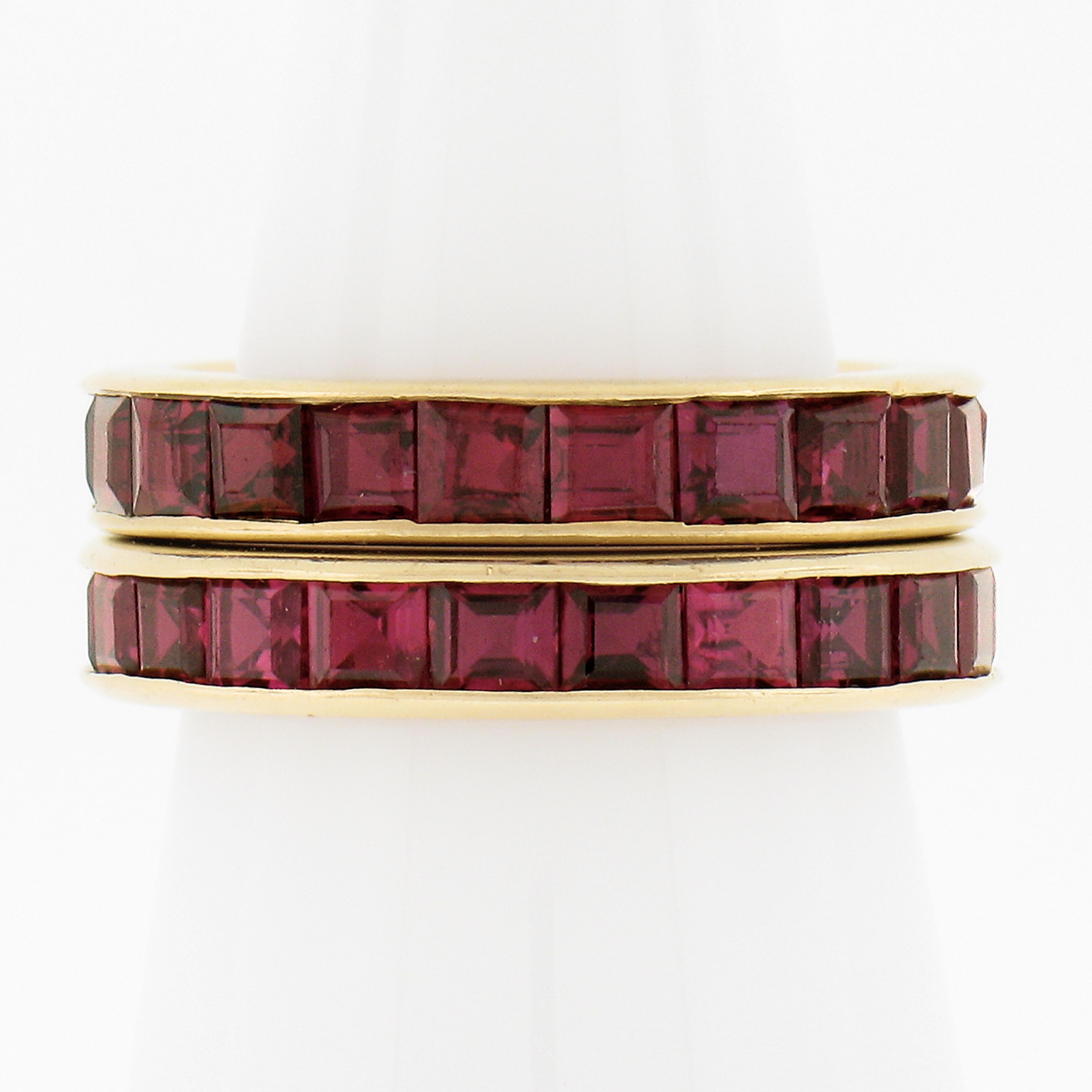 --Stone(s):--
(44) Natural Genuine Burma Rubies - Square Step Cut - Channel Set - Vivid Clear Red Color - **See Certifications Details Below**
Total Carat Weight: 5.0 (approx.)

Material: Solid 18k Yellow Gold
Weight: 5.67 Grams (both rings)
Ring