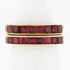 Pair of 18k Gold Gia 5ctw Square Channel Set Ruby Matching Guards Bands Sz 4