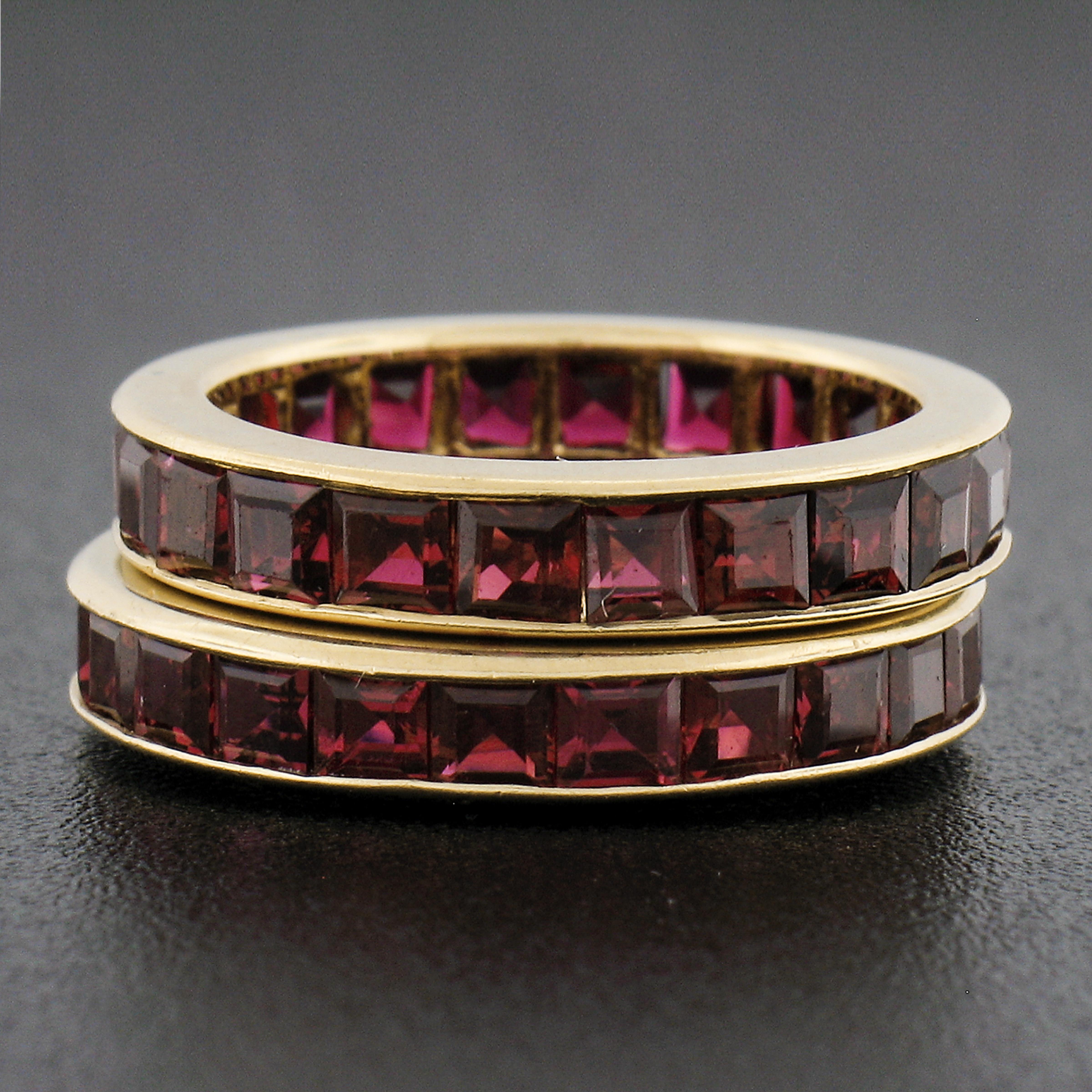 Square Cut Pair of 18k Gold Gia 5ctw Square Channel Set Ruby Matching Guards Bands Sz 4 For Sale
