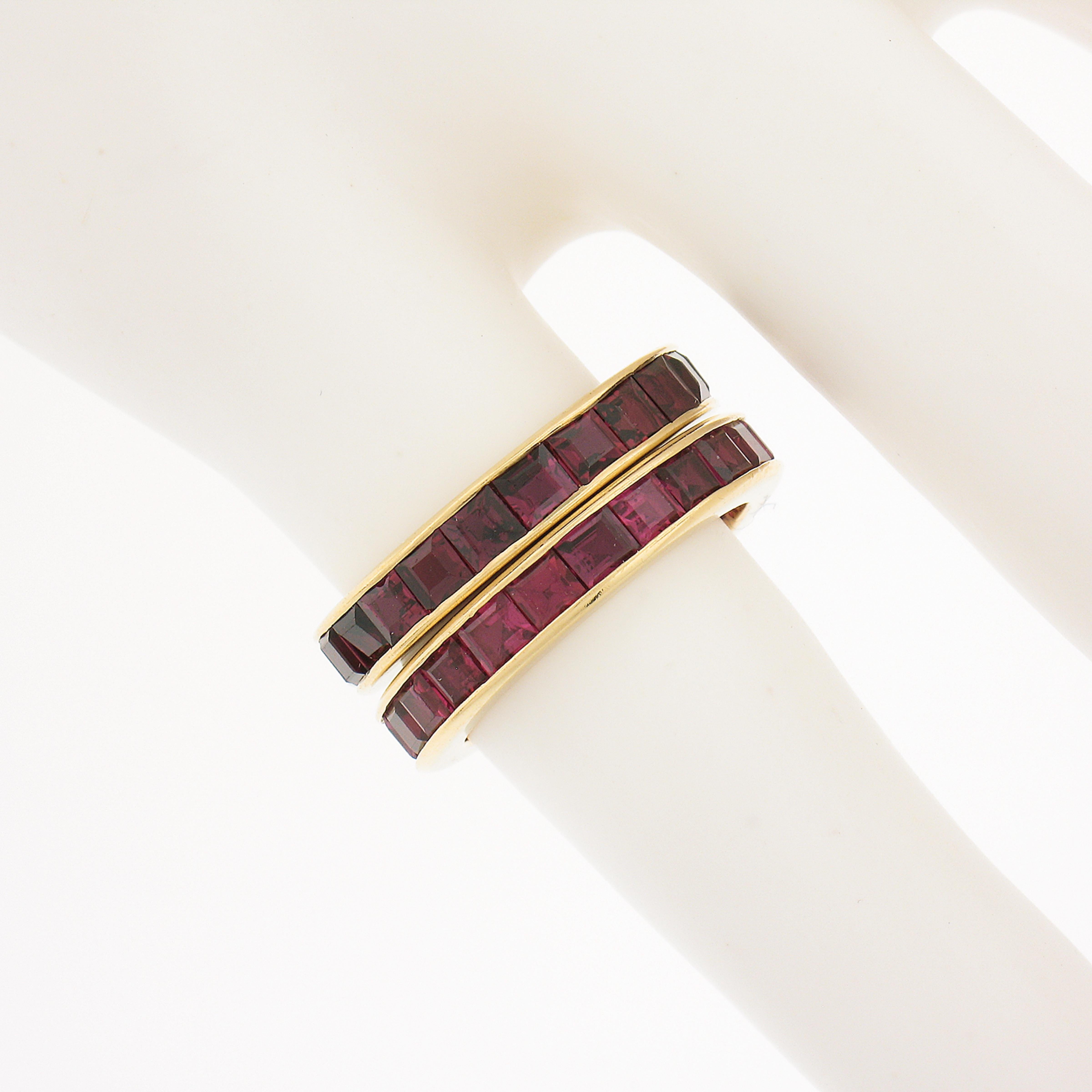 Pair of 18k Gold Gia 5ctw Square Channel Set Ruby Matching Guards Bands Sz 4 In Excellent Condition For Sale In Montclair, NJ