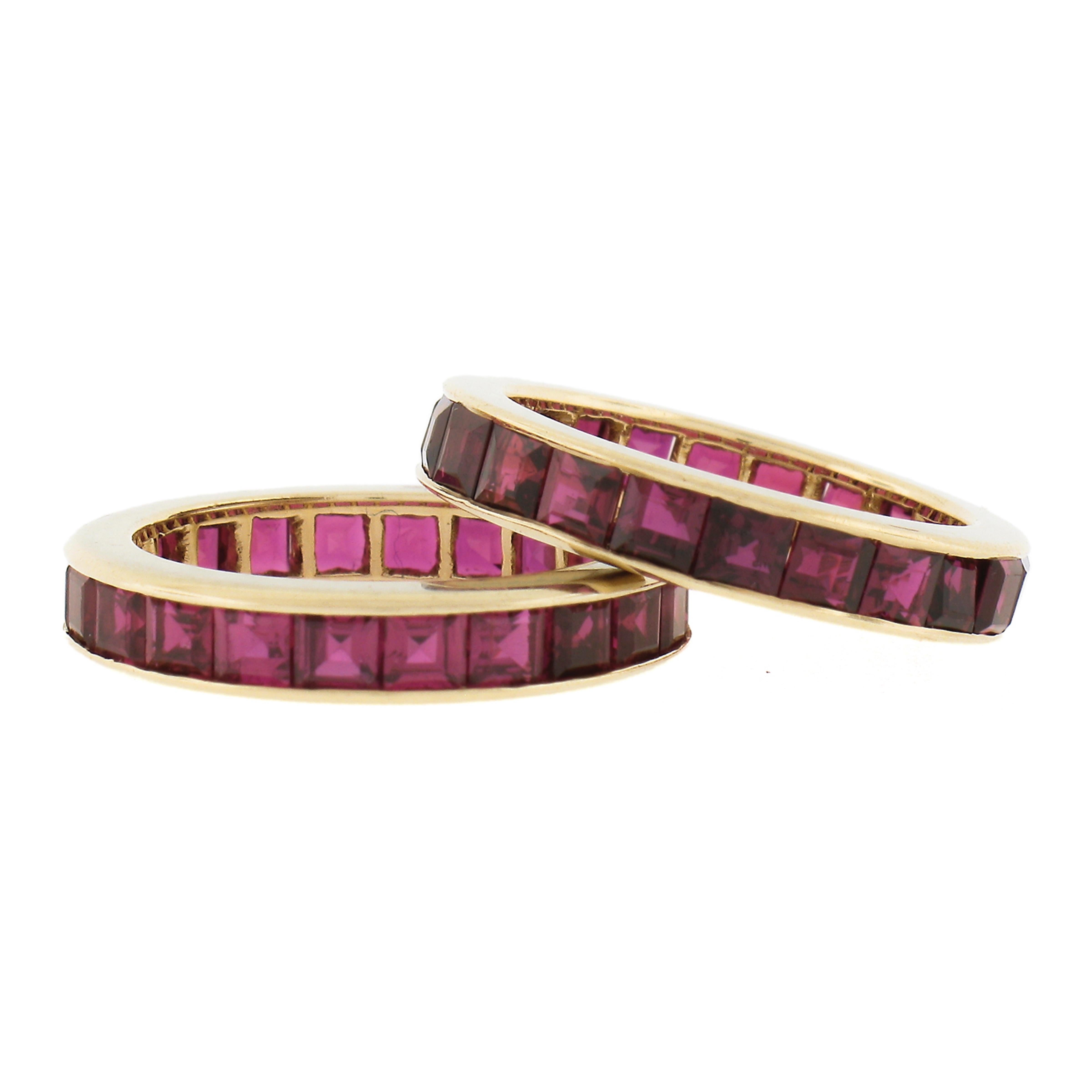 Women's Pair of 18k Gold Gia 5ctw Square Channel Set Ruby Matching Guards Bands Sz 4 For Sale