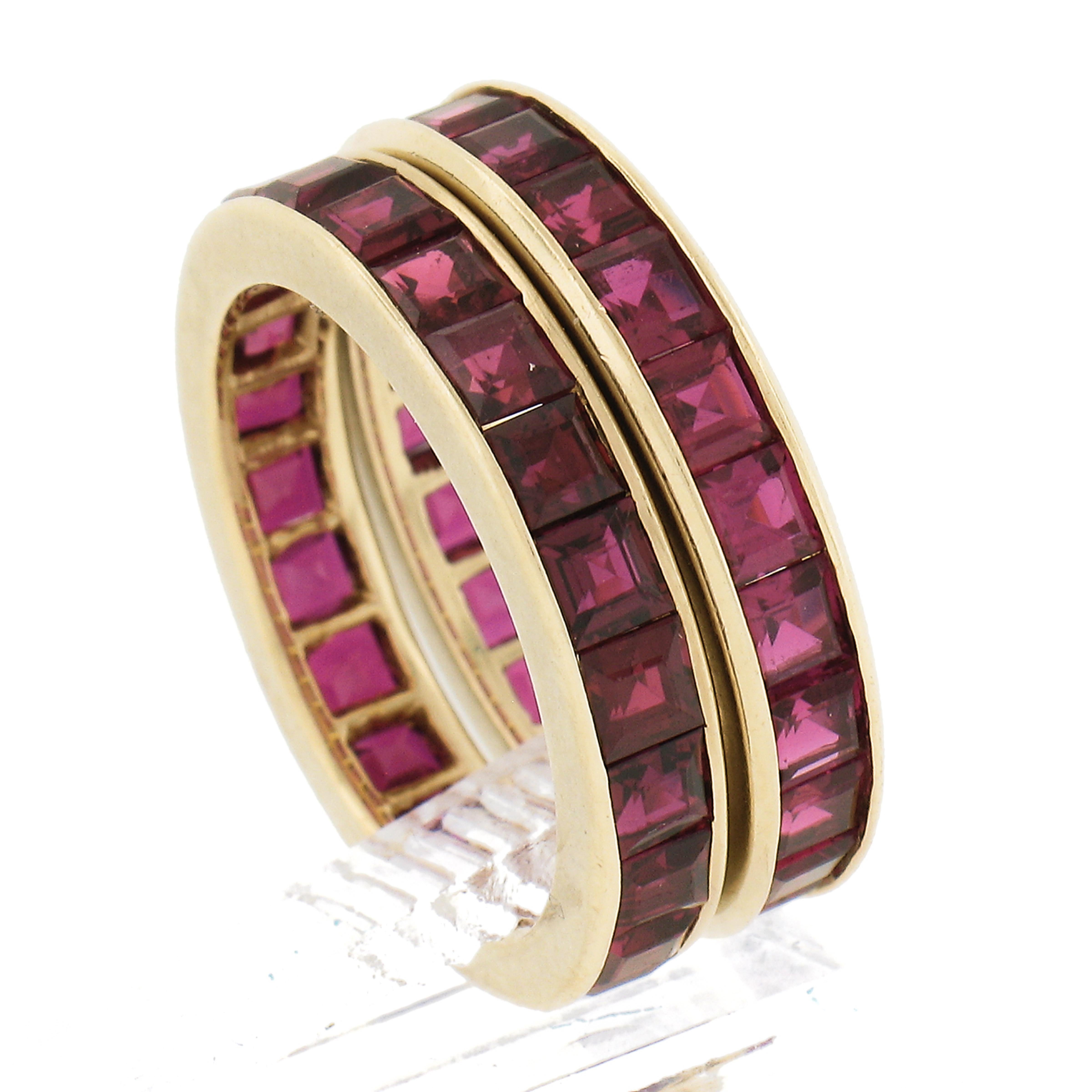 Pair of 18k Gold Gia 5ctw Square Channel Set Ruby Matching Guards Bands Sz 4 For Sale 2