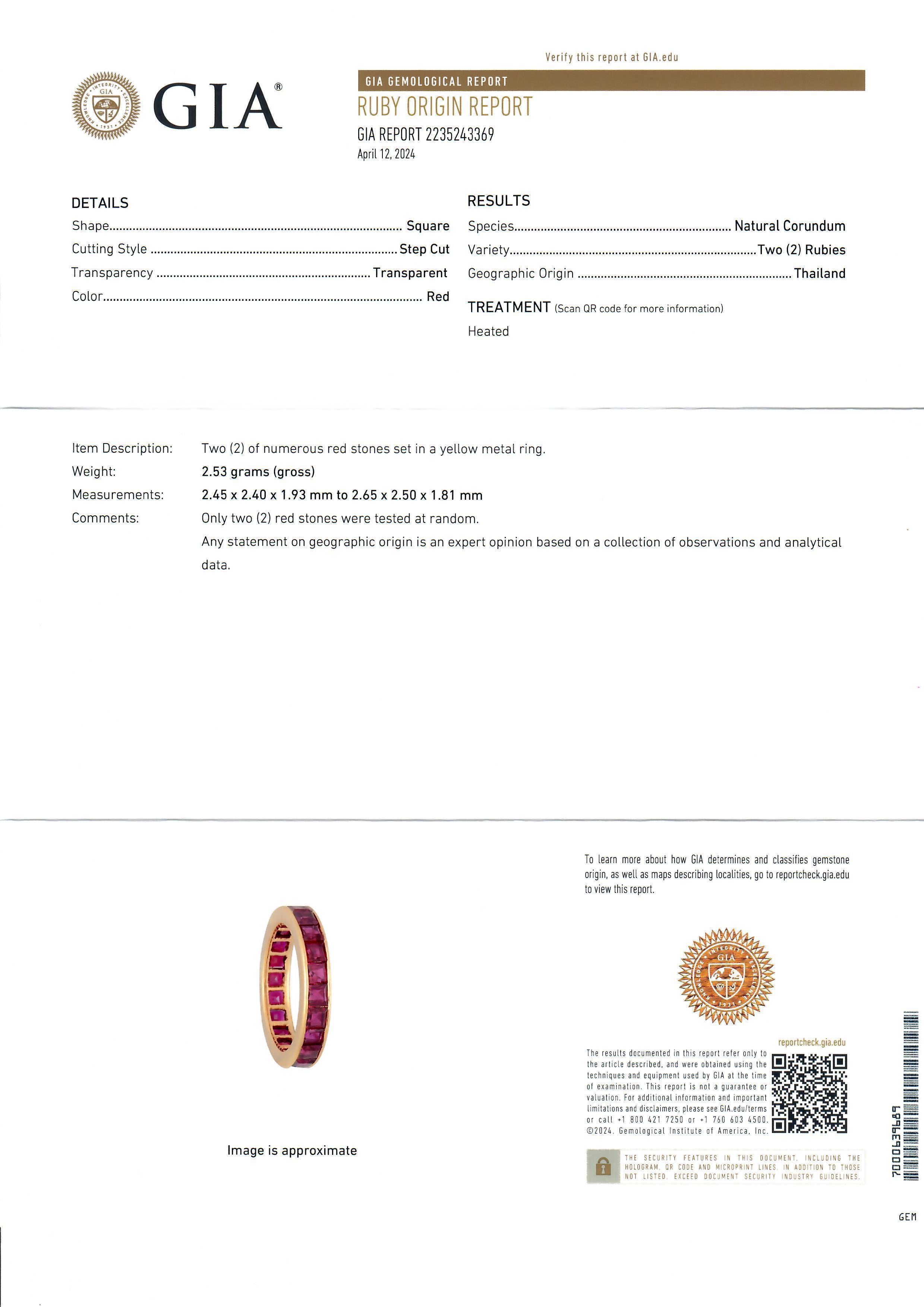 Pair of 18k Gold Gia 5ctw Square Channel Set Ruby Matching Guards Bands Sz 4 For Sale 3