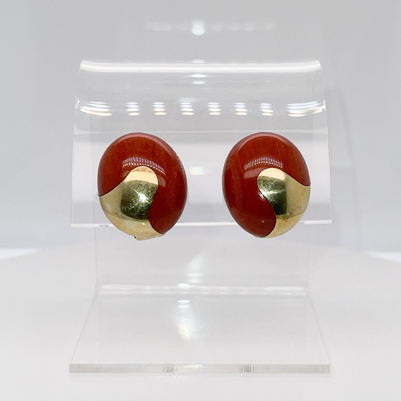 Pair of 18K Gold & Red Jasper Cabochon Earrings attributed to Angela Cummings 5