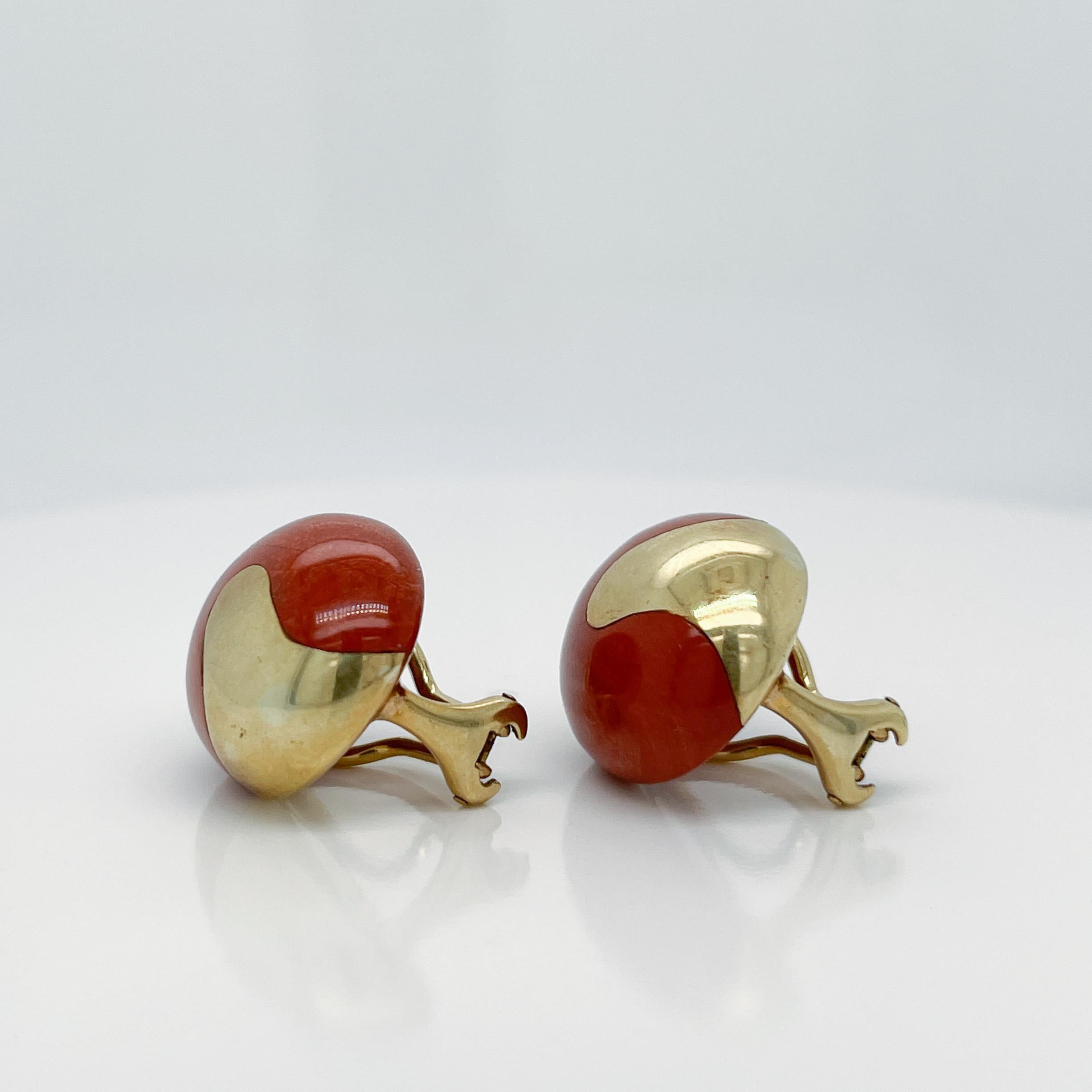 Modern Pair of 18K Gold & Red Jasper Cabochon Earrings attributed to Angela Cummings