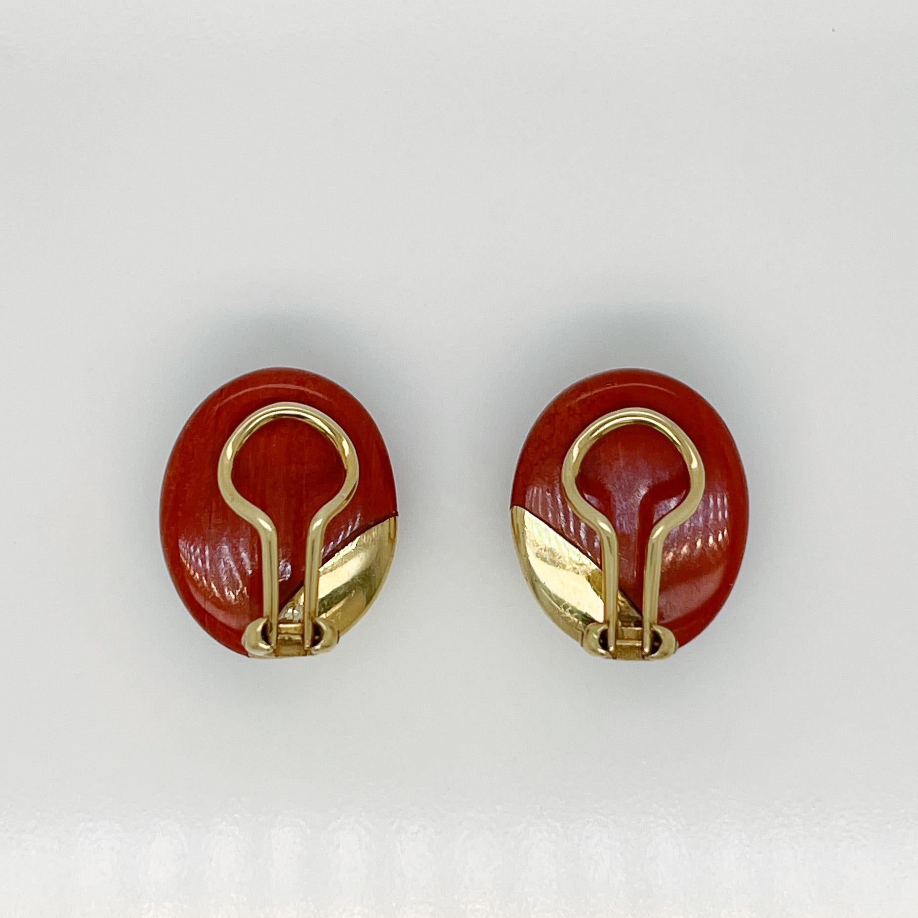 Pair of 18K Gold & Red Jasper Cabochon Earrings attributed to Angela Cummings 1