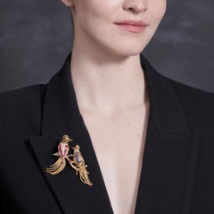Pair of 18K Gold, Sapphire, Ruby, Diamond Bird Brooches