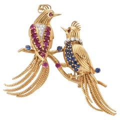 Pair of 18K Gold, Sapphire, Ruby, Diamond Bird Brooches