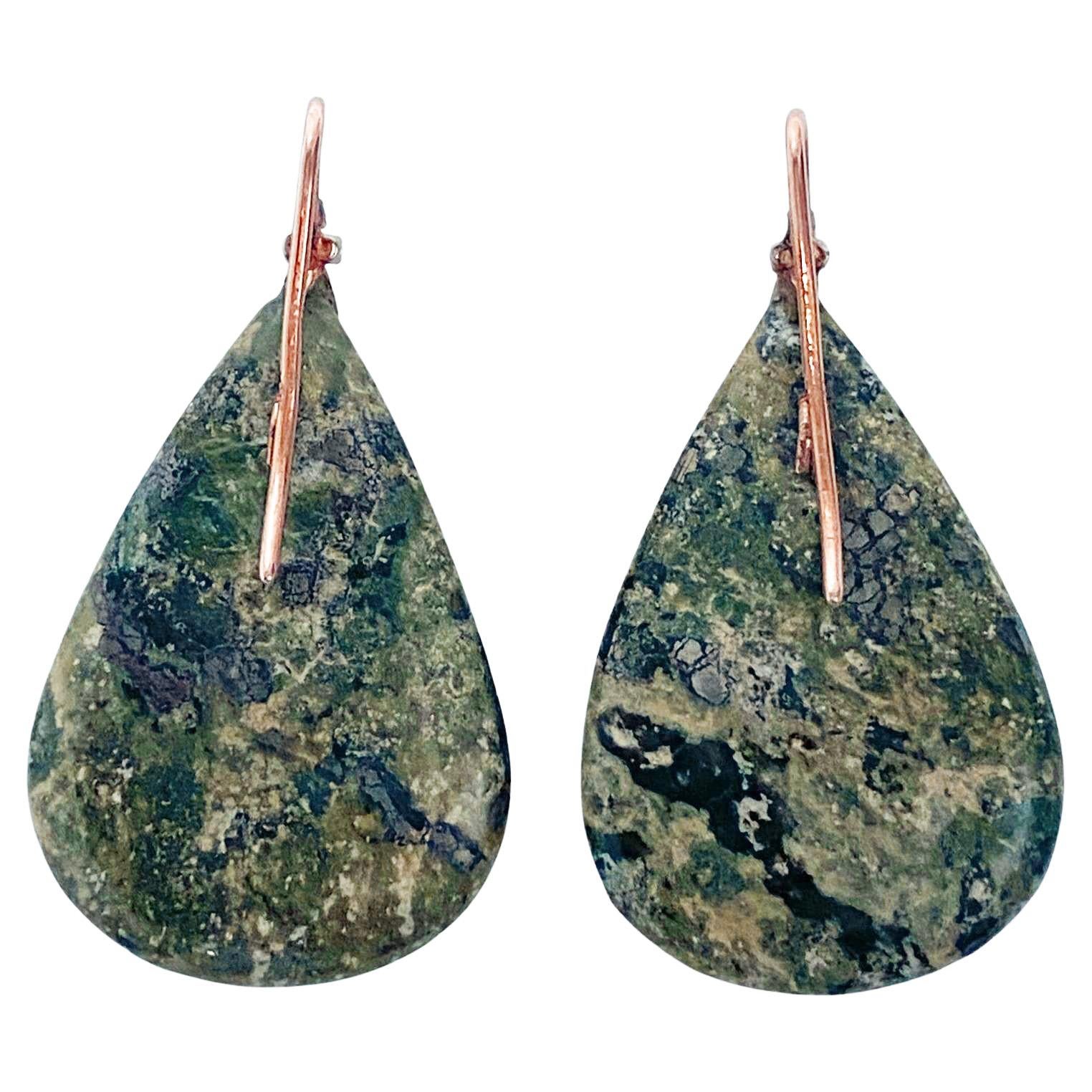 Cabochon Pair of 18K Green Agate and Diamond Drop Earrings
