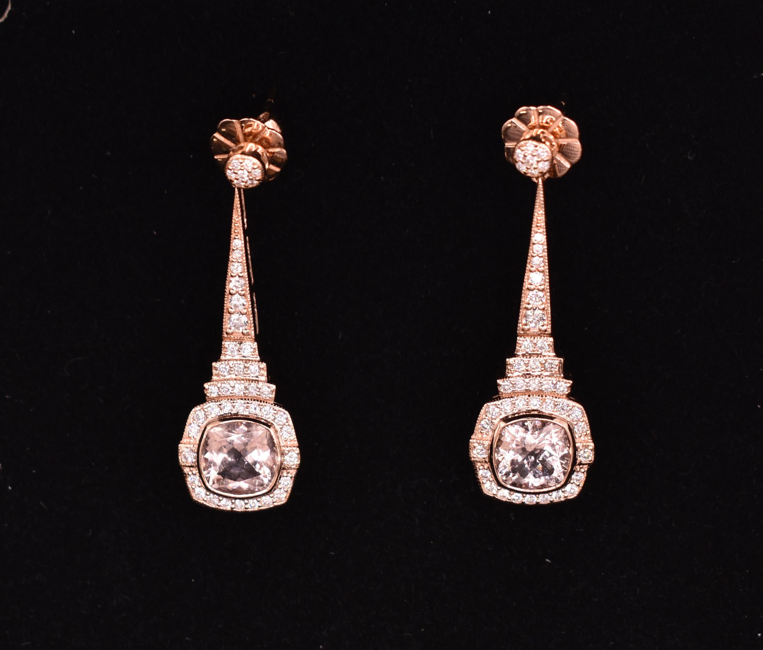 Women's Pair of 18k Rose Gold Morganite & Diamond Earrings