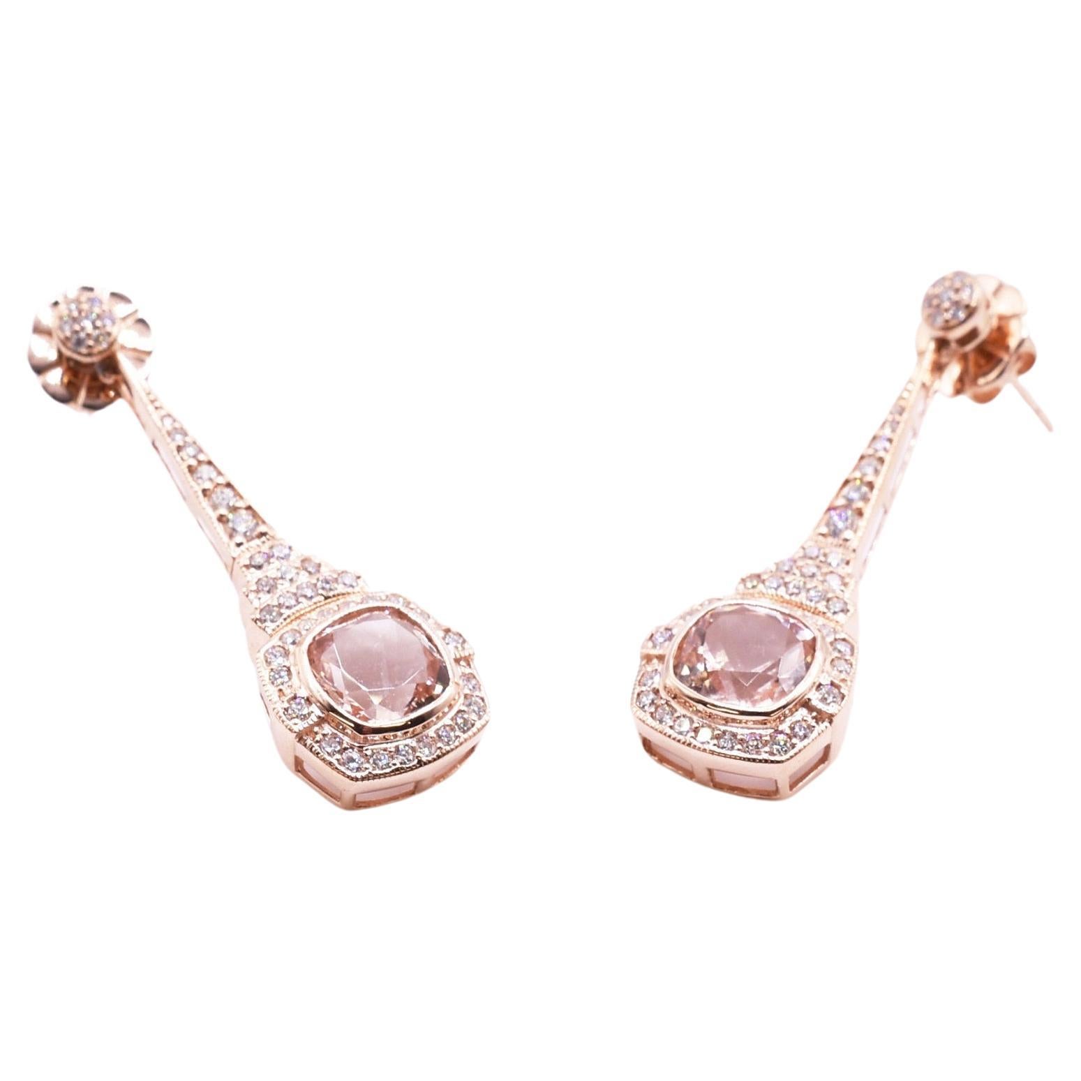 Pair of 18k Rose Gold Morganite & Diamond Earrings