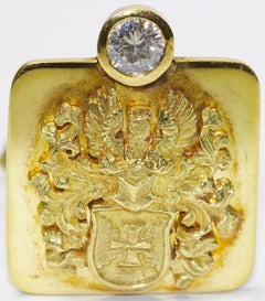 Pair of 18k Solid Gold Cufflinks with Diamonds Solitaire, Noble Coat of Arms