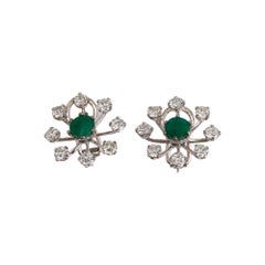 Retro Pair of 18k White Gold Diamond and Emerald Flower Earrings
