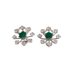 Pair of 18k White Gold Diamond and Emerald Flower Earrings