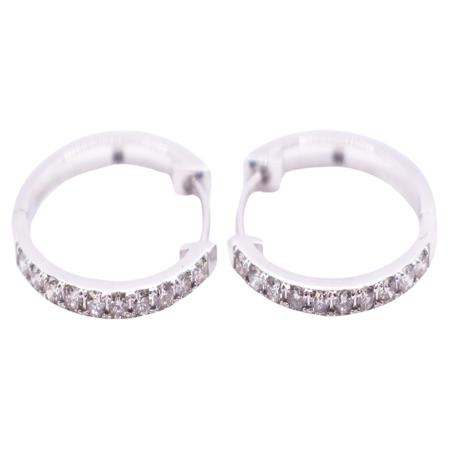 Pair of 18k White Gold Diamond Hoop Earrings For Sale