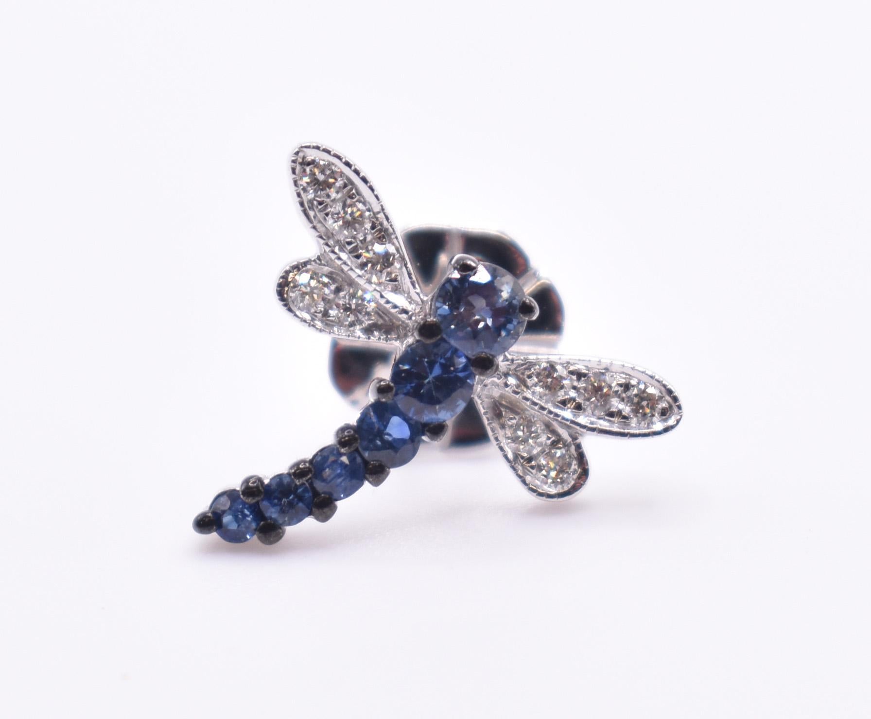 On offer for sale is a charming pair of 18k white gold diamond and sapphire dragon fly earrings. 

Total Carat Weight (Diamonds): 0.28ct

Total Carat Weight (Sapphires): 0.73ct
