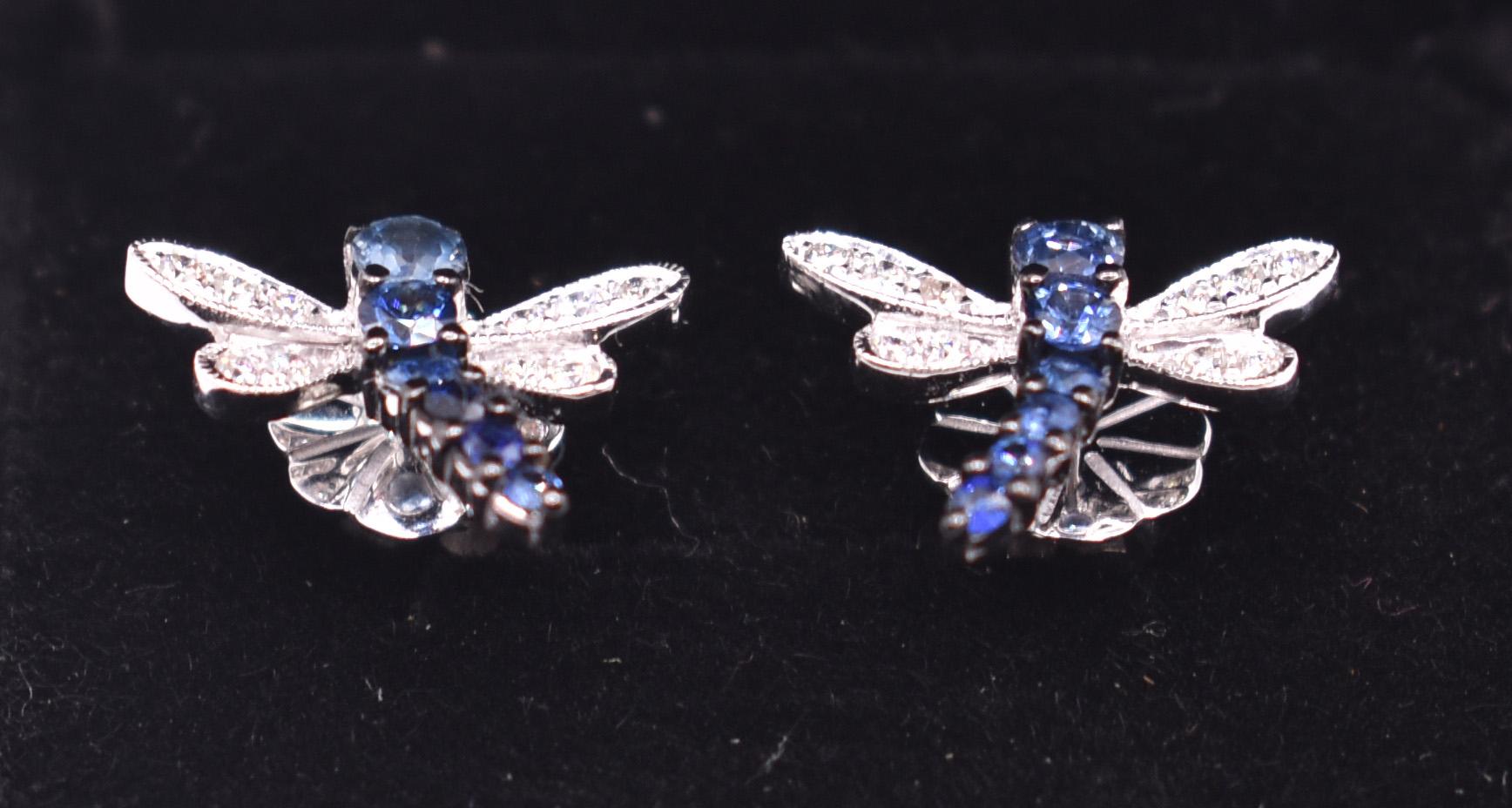 Round Cut Pair of 18K White Gold Diamond & Sapphire Dragon Fly Earrings For Sale