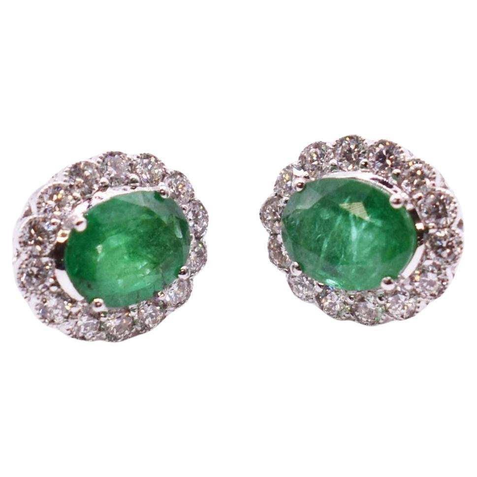 Pair of 18k White Gold Emerald & Diamond Earrings