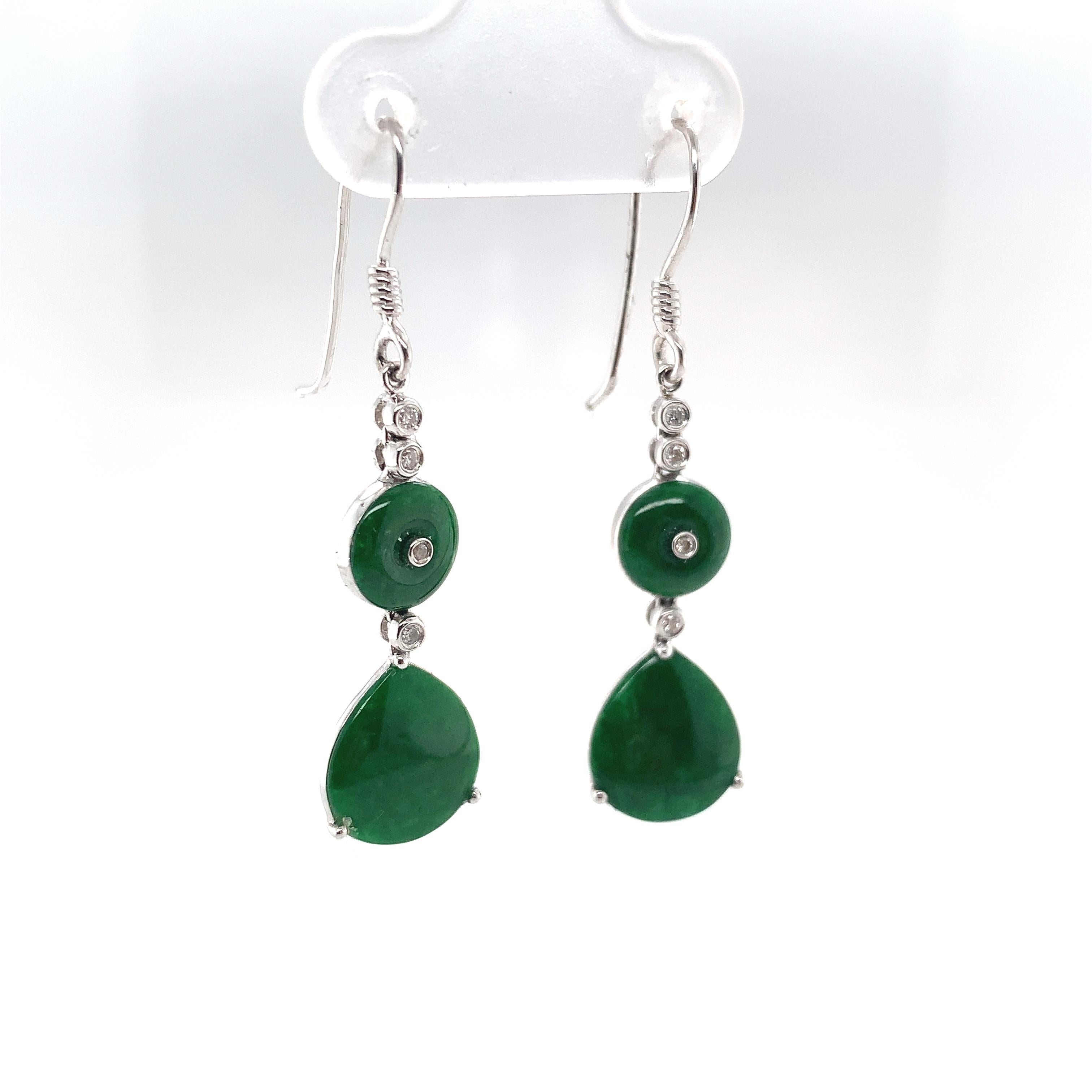Round Cut Pair of 18K White Gold GIA A Jadeite Jade Drop Earrings with Diamonds For Sale