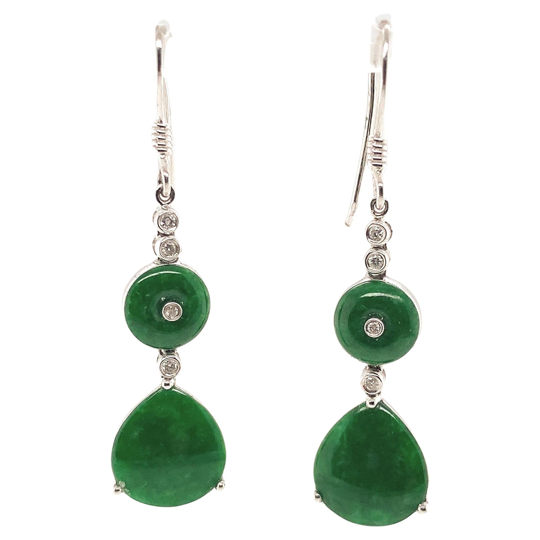 Pair of 18K White Gold GIA A Jadeite Jade Drop Earrings with Diamonds For Sale