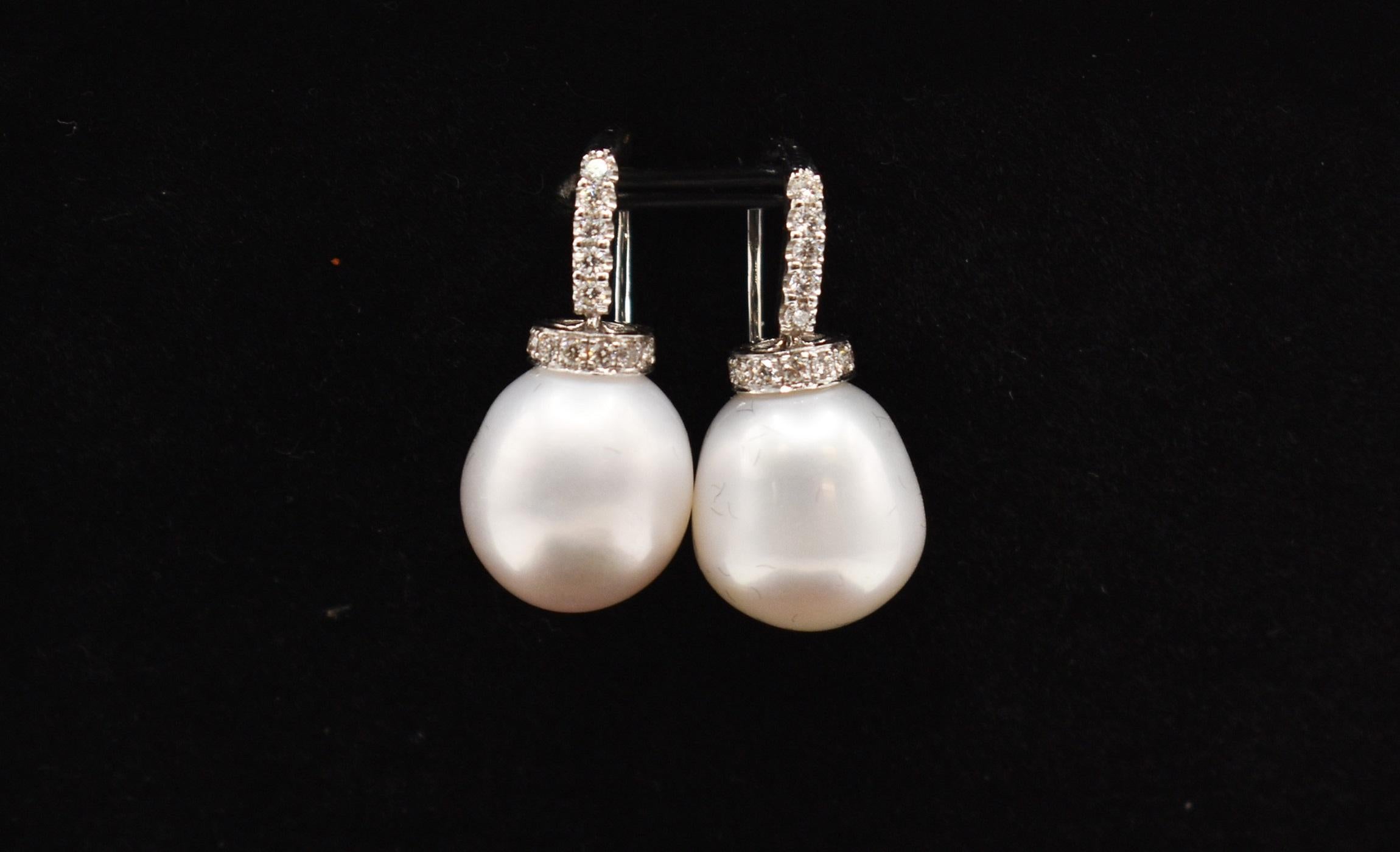 Pair of 18k white gold pearl & diamond drop earrings.