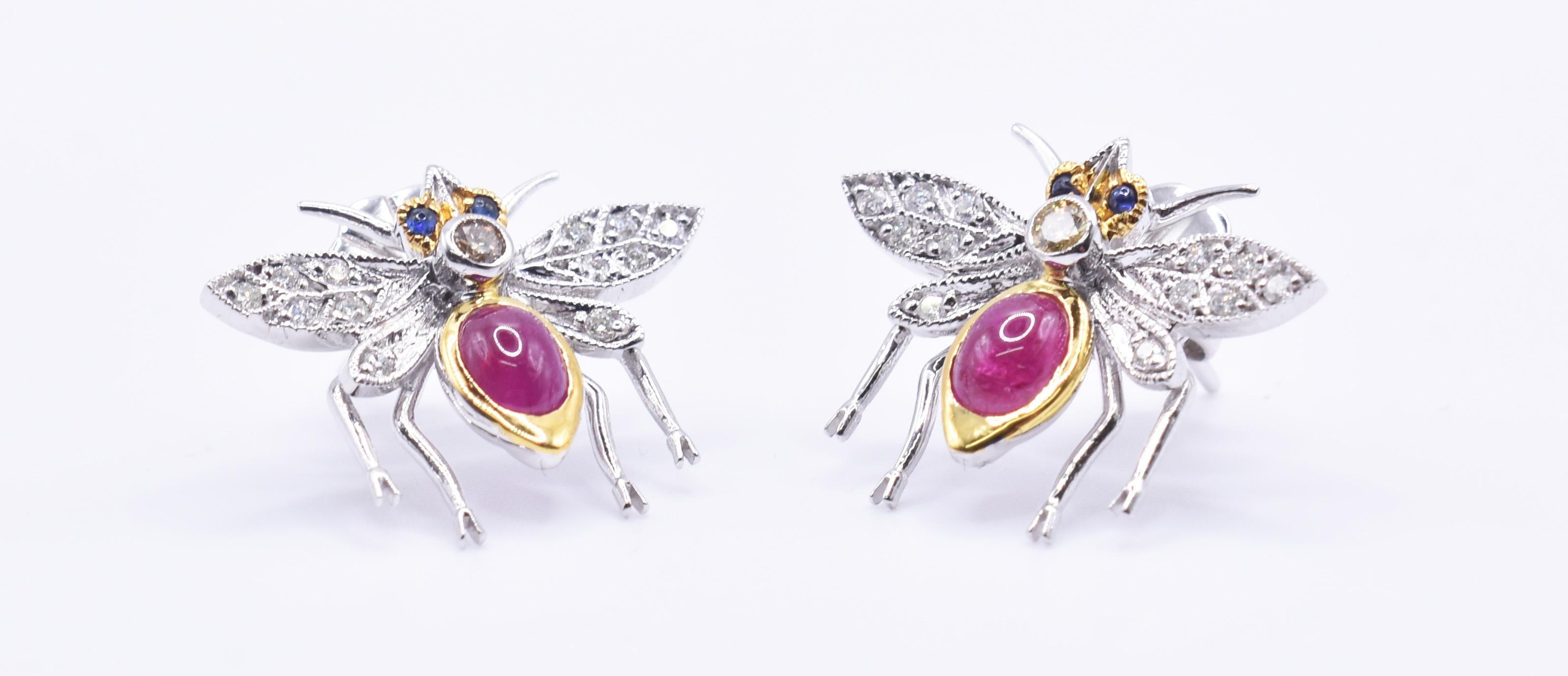 Round Cut Pair of 18k White & Yellow Gold Ruby & Diamond Bug  Stud Earrings For Sale