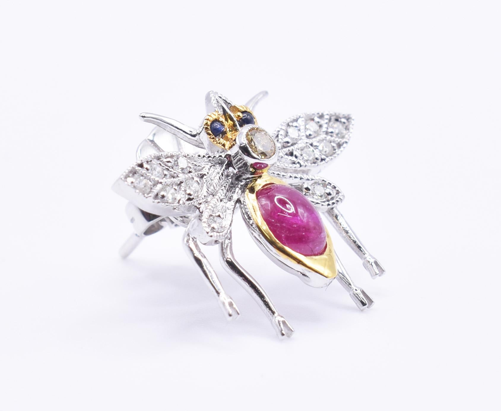 Pair of 18k White & Yellow Gold Ruby & Diamond Bug  Stud Earrings In New Condition For Sale In Chelmsford, GB