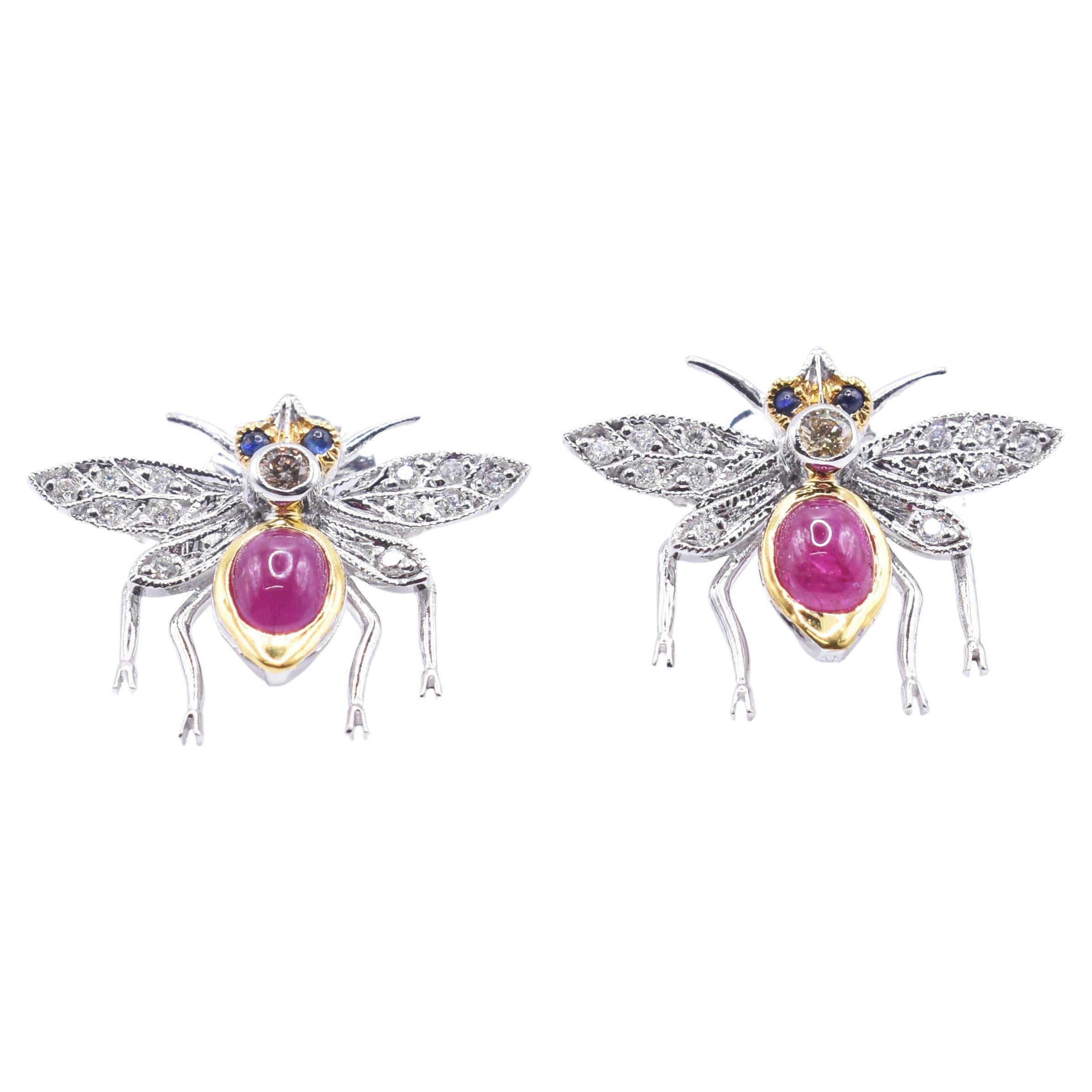 Pair of 18k White & Yellow Gold Ruby & Diamond Bug  Stud Earrings For Sale