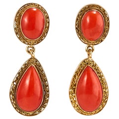 Pair of 18K Yellow Gold and Coral Drop Earrings