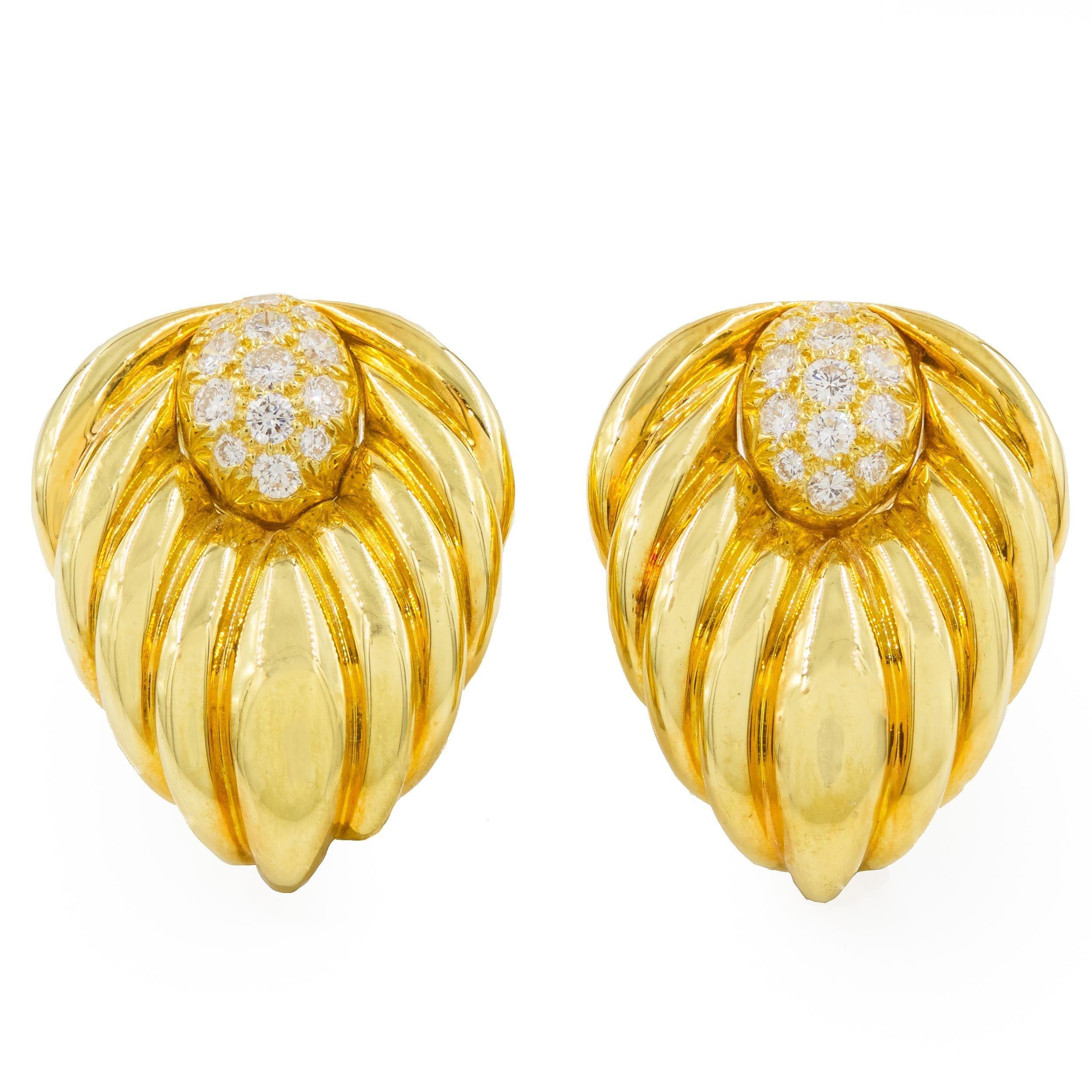 A PAIR OF 18K YELLOW GOLD LOBED DIAMOND EARRINGS
Designed by Albert Lipton, sealed with his cachet to the reverse of the clip  26 round brilliant-cut diamonds
Item # C104251 

A substantial and incredibly fine pair of earrings by the landmark